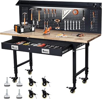 Heavy Duty Workbench 60" with Rubber Wood Top and Pegboard Adjustable Rolling Worktable with Drawer Storage, Power Outlet & Lockable Wheels, 2000 lb Capacity Hardwood Workbench for Garage, Workshop