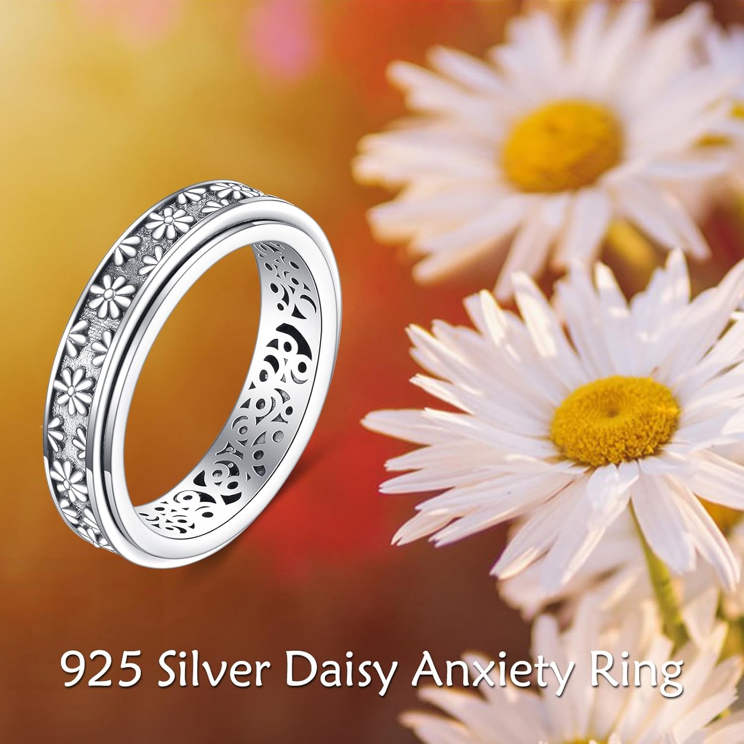 Anxiety Ring Sterling Silver Daisy Flower Ring Fidget Spinner Ring Fidget Jewelry for Women Size 7 8 - Image 5