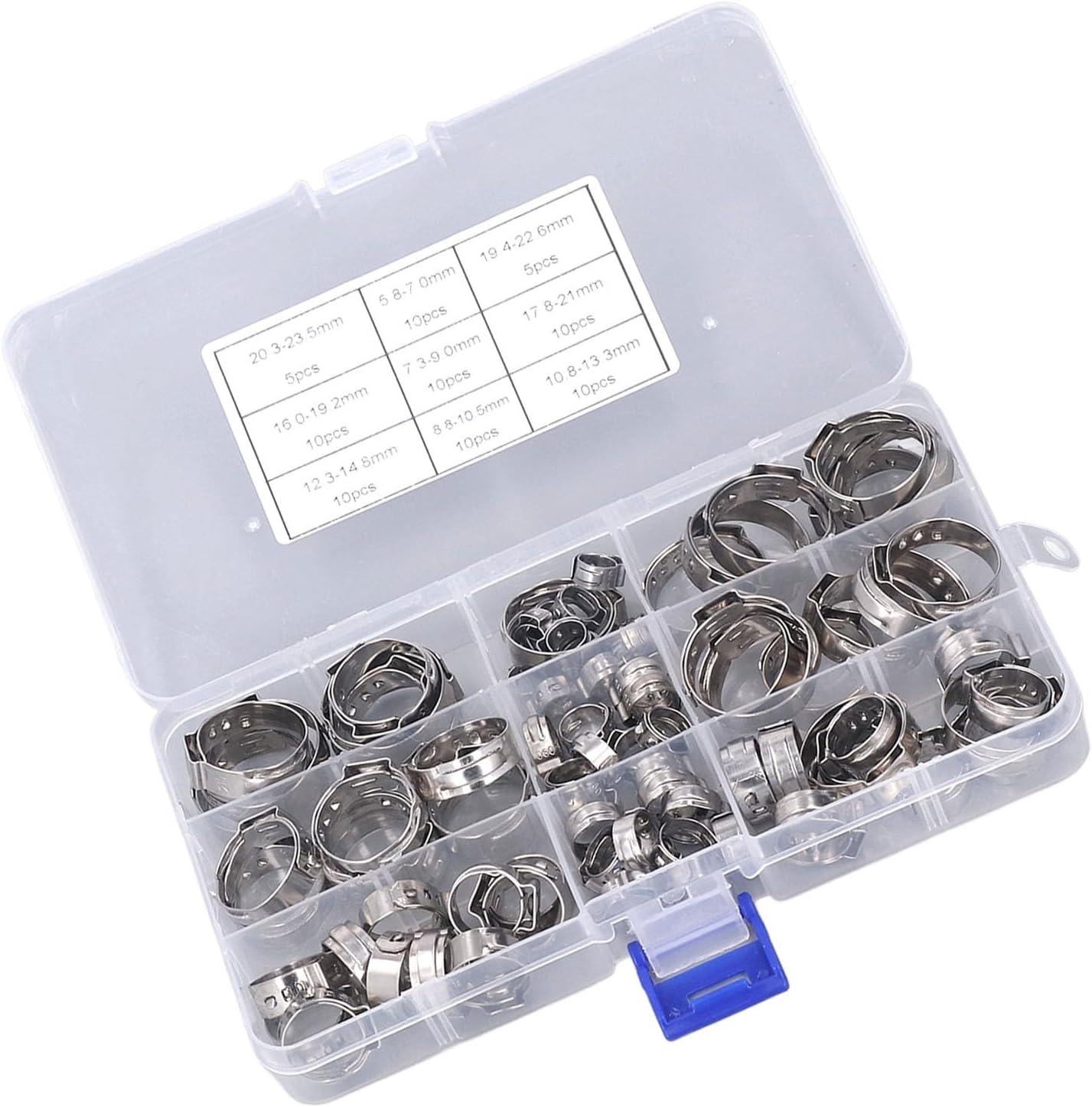 80PCS Hose Clip Assortment Kit, Stainless Steel Single Ear Pipe Clamps with Clamping Pliers, Portable Design for Beverages, Automobiles, Ships, Motorcycles and Industrial Applicat