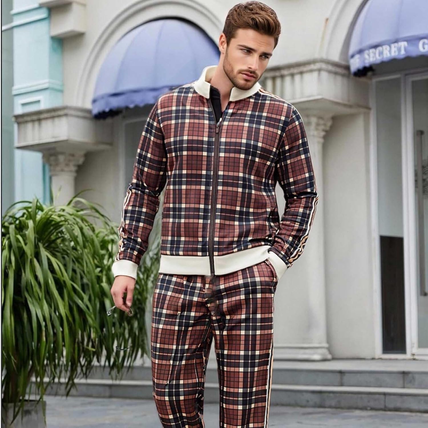 W JIANWANG Plaid Track Suits for Men Set Jogging Tracksuit Mens Sweatsuits Sport Jogger Sweat Suits Sports Clothes Outfits - Image 3