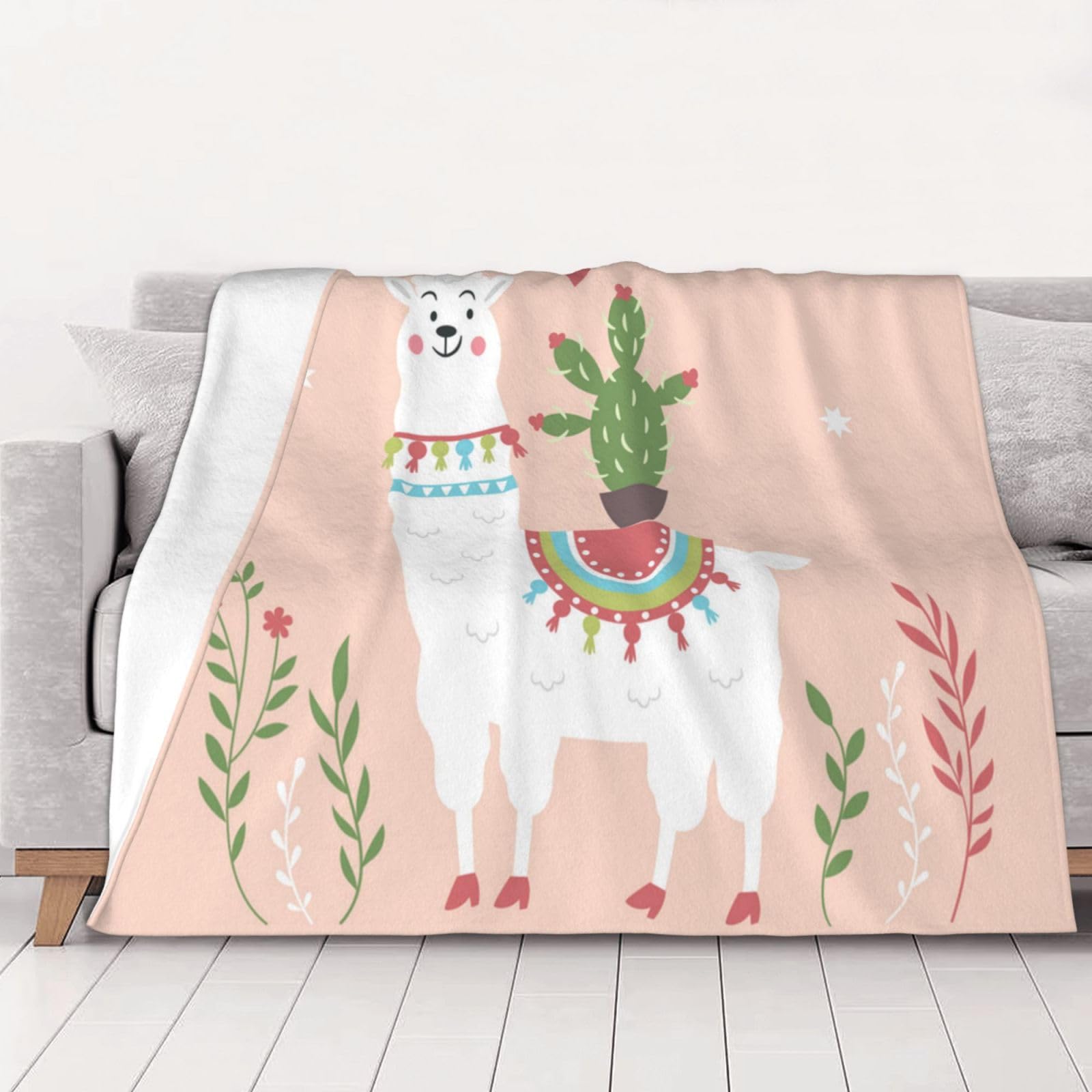 AUBKFELD Cute Hand Drawn Llama Printed Flannel Blanket 150x125 CM, Soft & Warm Throw Blanket for Sofa/Couch/Bed/Car, Gifts for Audlts Women Men