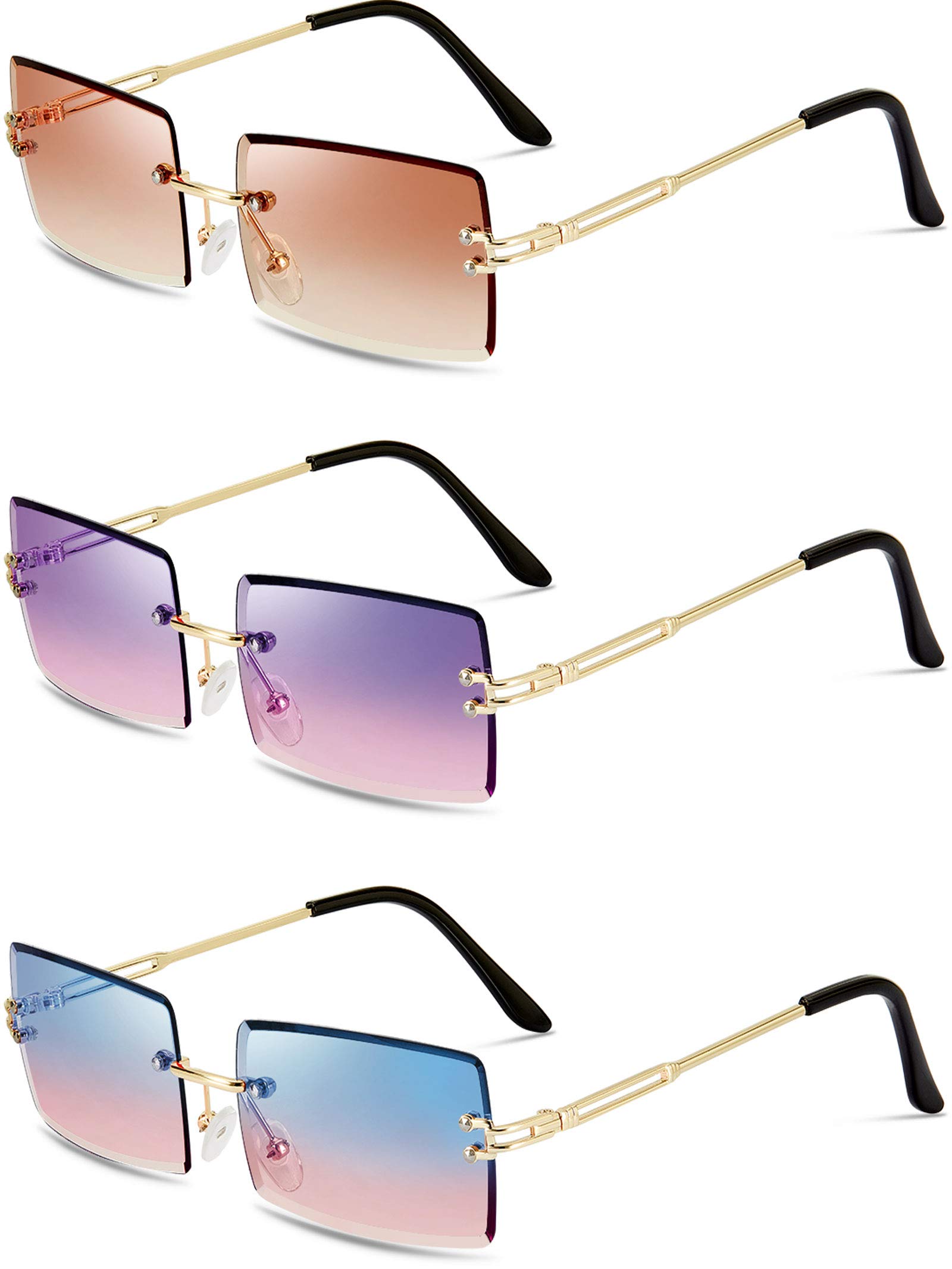 WeewoodayWeewooday 3 Pairs Rimless Rectangle Tinted Transparent Sunglasses for Women Men - Tea, Purple Pink, Blue Pink