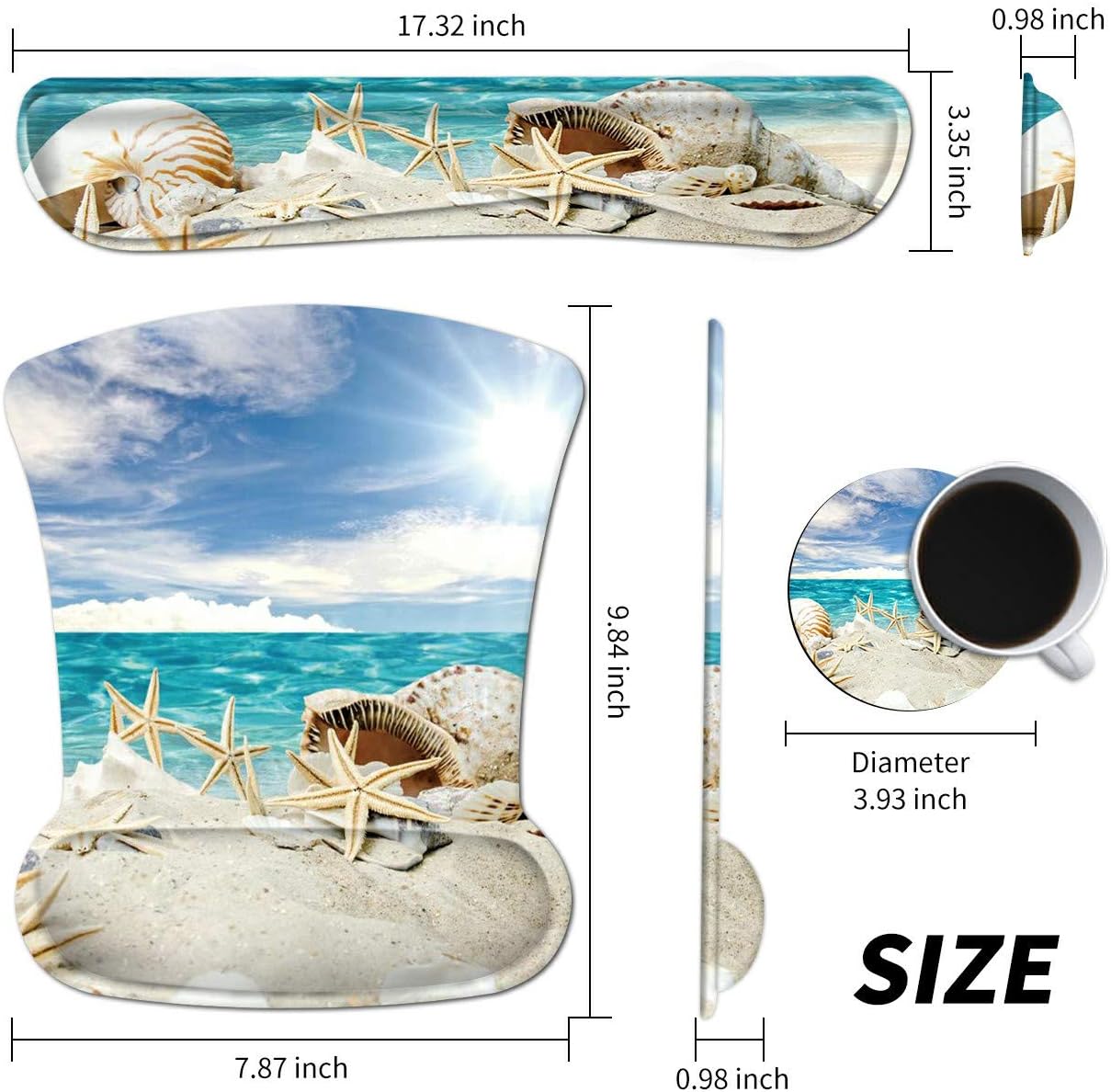 Wrist Rest for Computer Keyboard and Mouse Pad with Wrist Support Gel Seashells Beach Ergonomic Mousepad Memory Foam Comfortable Keyboard Pad Set Non-Slip Base Come with A Cute Coaster
