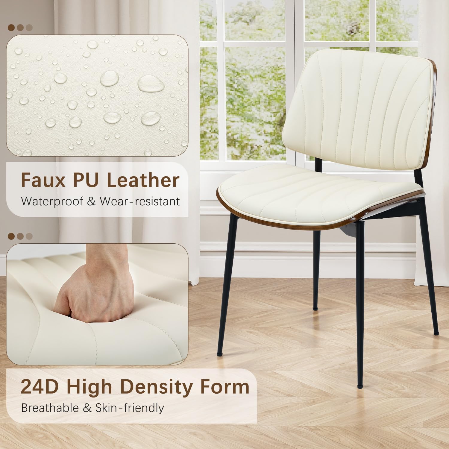 AVAWING Walnut Dining Chairs Set of 6, Mid Century Modern Dining Chairs PU Leather Upholstered Kitchen Chairs with Walnut Bentwood Back & Metal Legs for Dining Room, Kitchen, Living Room, Beige