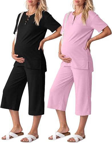 Yearntown 2 Pack Maternity Lounge Outfits, 2-Color, XX-Large Black, Pink