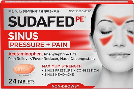 Sudafed PE Sinus Pressure + Pain Relief Tablets, Maximum Strength, Non-Drowsy, OTC Sinus Relief Medicine with Acetaminophen Pain Reliever & Phenylephrine HCl Nasal Decongestant, 24 ct