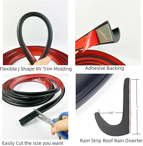 Miniatura 3 de Canaleta de lluvia en forma de J, respaldo adhesivo de 1 pulgada, moldura de tira desviadora de lluvia de techo para vehículos, camiones, RV, barco,