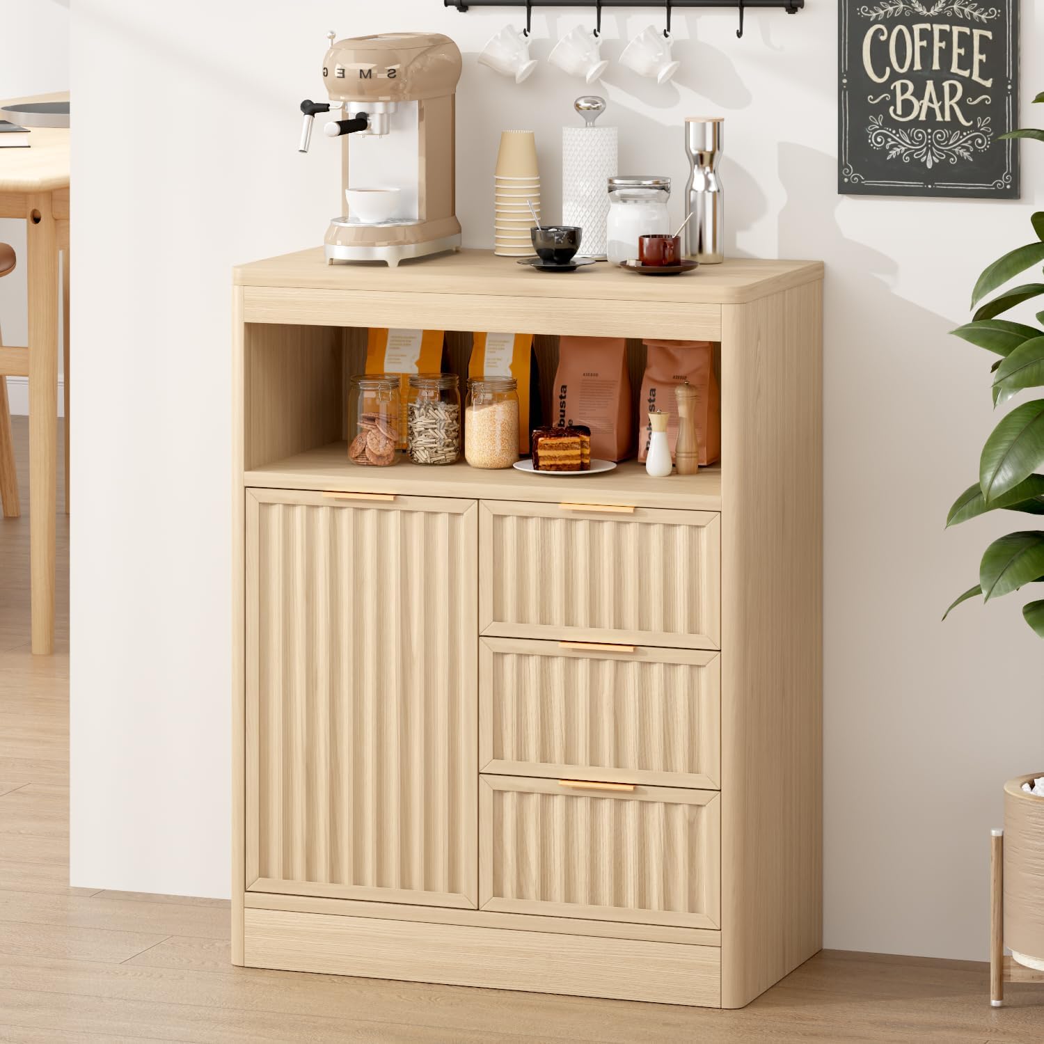 Coffee Bar Cabinet with Storage, Fluted Buffet Sideboard Cabinet with 3 Drawers & Adjustable Shelf, Rounded Edge Modern Storage Cabinet for Dining Room, Kitchen, Living Room, Entryway, Oak