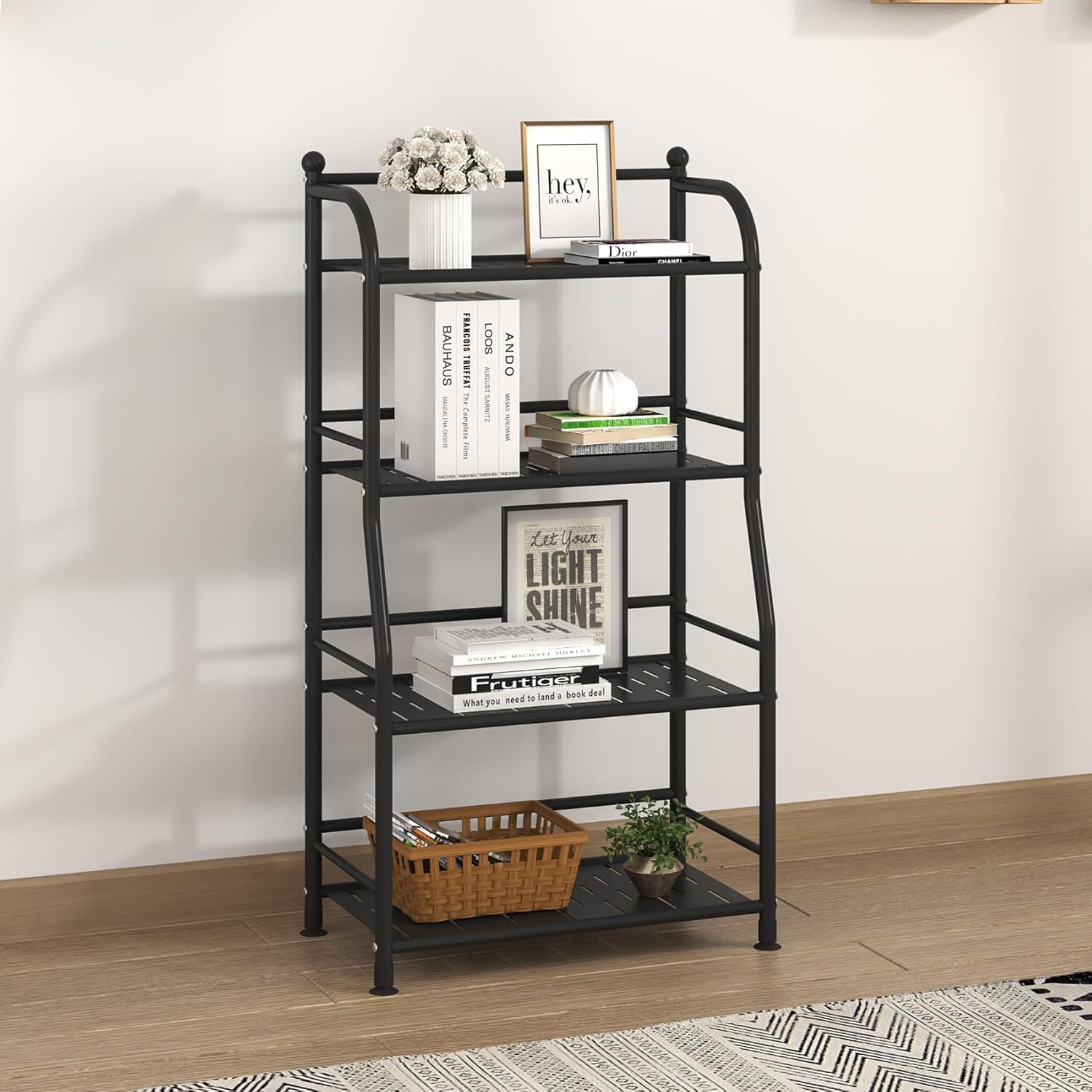 4 Tier Metal Shelf Storage Shelves Living Room Bookshelf Bathroom Corner Storage Rack for Kitchen,Indoor Plant Stand (Matte Black, 4 Tier)