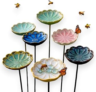 Ceramic Bee Watering Station for Garden, Mini Bird Bath with Flower Shallow Bowls, Outdoor Stake Butterfly Pollinator Water Station for Yard Patio Decor