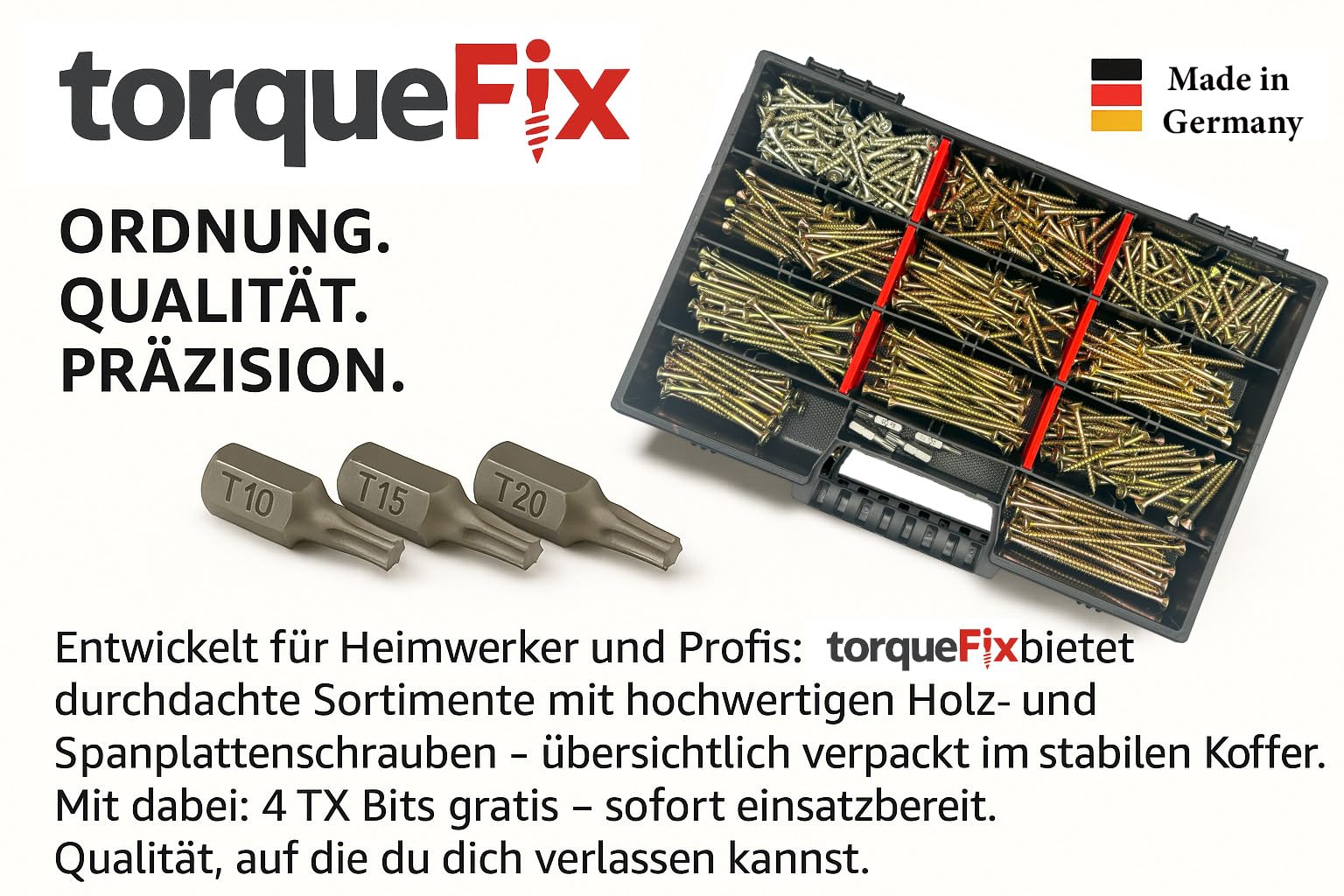 TorqueFix - Juego de tornillos para madera (464 piezas, 4 x 30 a 4,5 x 80 cm, incluye 4 puntas TX y maletín surtido), calidad profesional fabricado en (Sorti-K Midi 4)