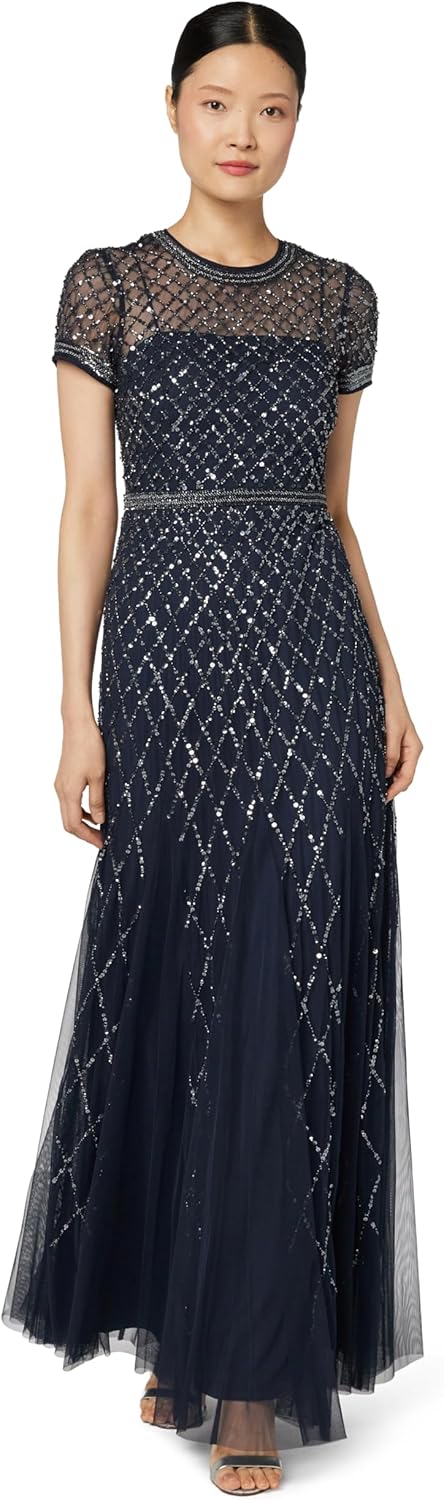 Adrianna Papell Womens Short-Sleeve Grid Beaded Gown