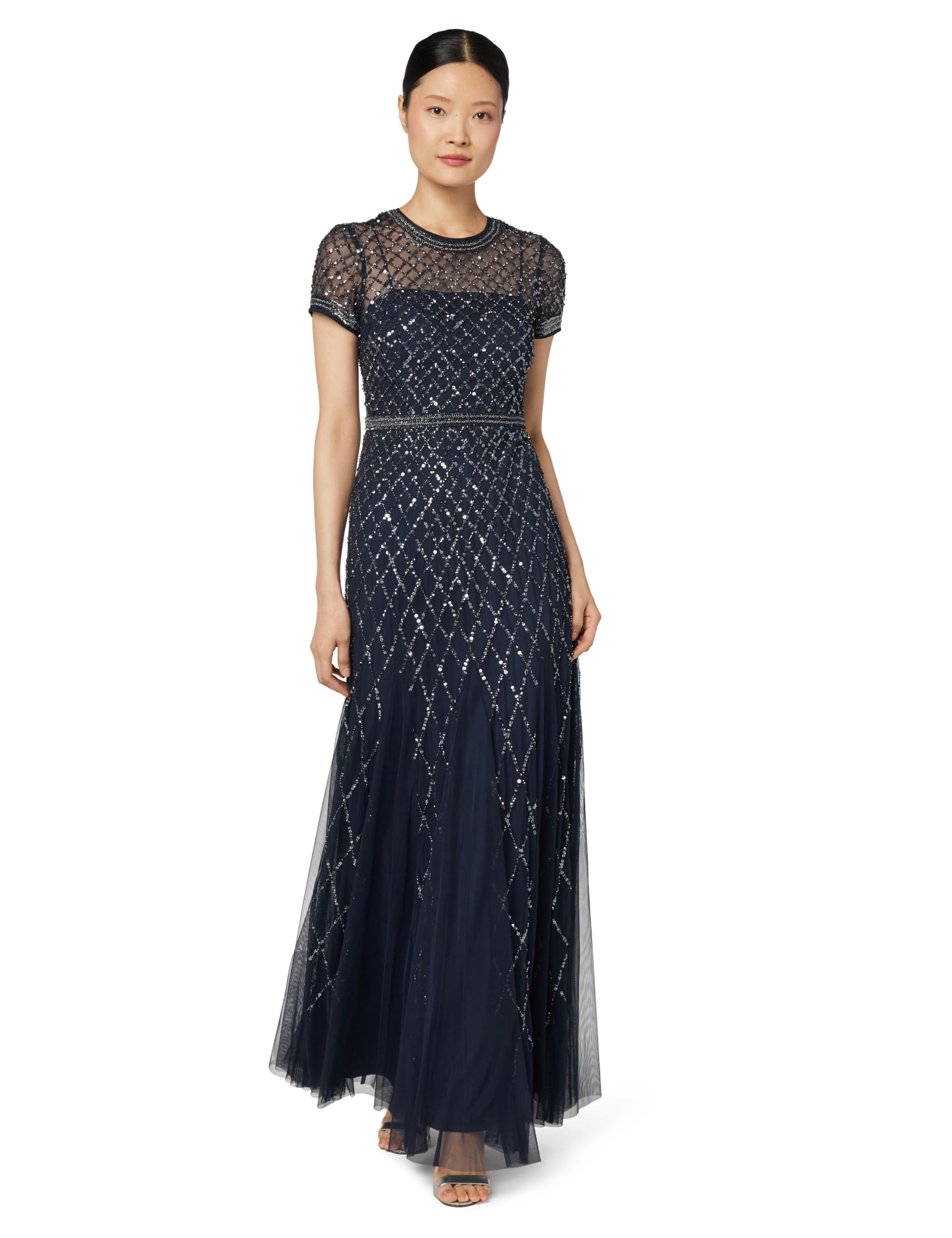 Womens Short-Sleeve Grid Beaded Gown