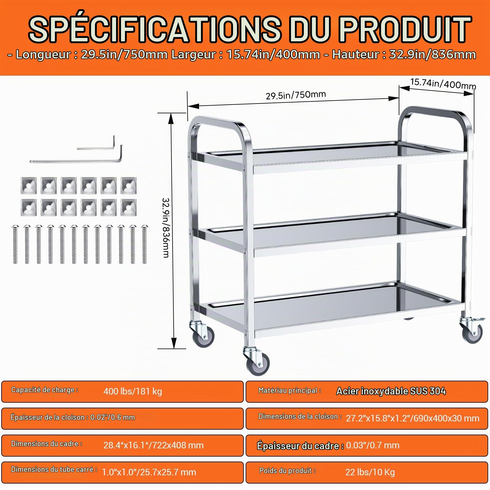 Desserte de Cuisine Chariot Roulettes75x40x83.6 cm, 3 étagères, Acier INOX,Charge 181 kg, 4 Roues Pivotantes 2 avec Freins Déplacement Silencieux pour Rangement Clinique Cuisine Hôtel Salon de Beauté