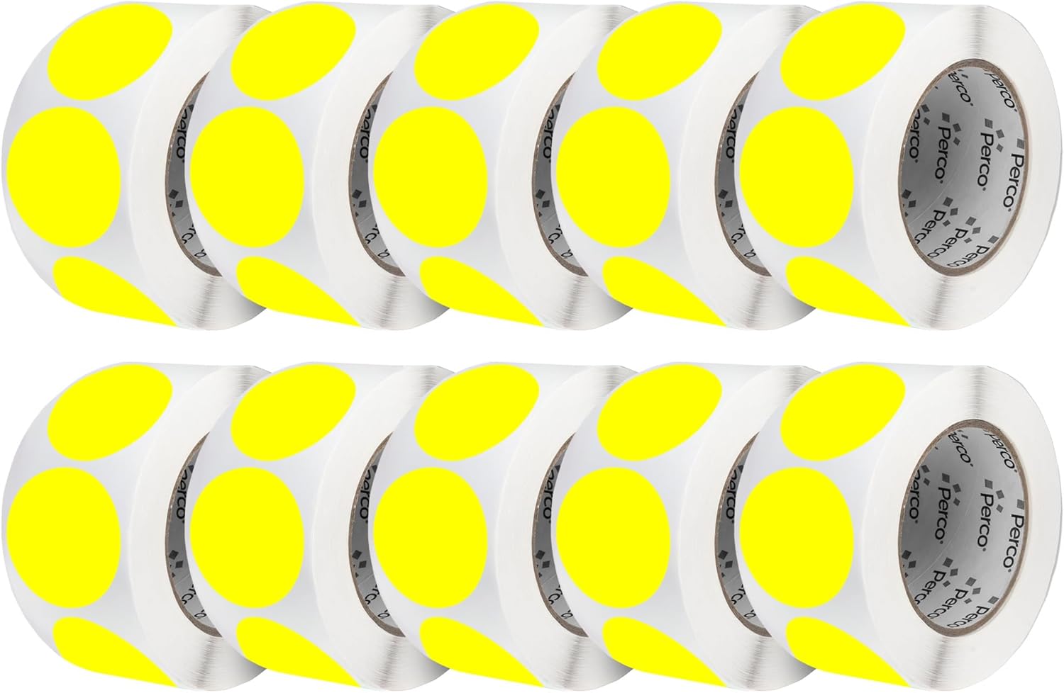 Perco Fluorescent Yellow 3-Inch Perforated Circle Dot Sticker Labels — 10 Rolls, 5,000 Round Stickers — with Permanent Adhesive for Moving Boxes, Sale Signage, Displays, Status Messaging—Made in USA