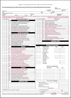 BIT Program Tractor/Trailer/Truck Inspection & Maintenance Record Form 50-pk. - Snap-Out, 3-Ply, Carbon, 8.5