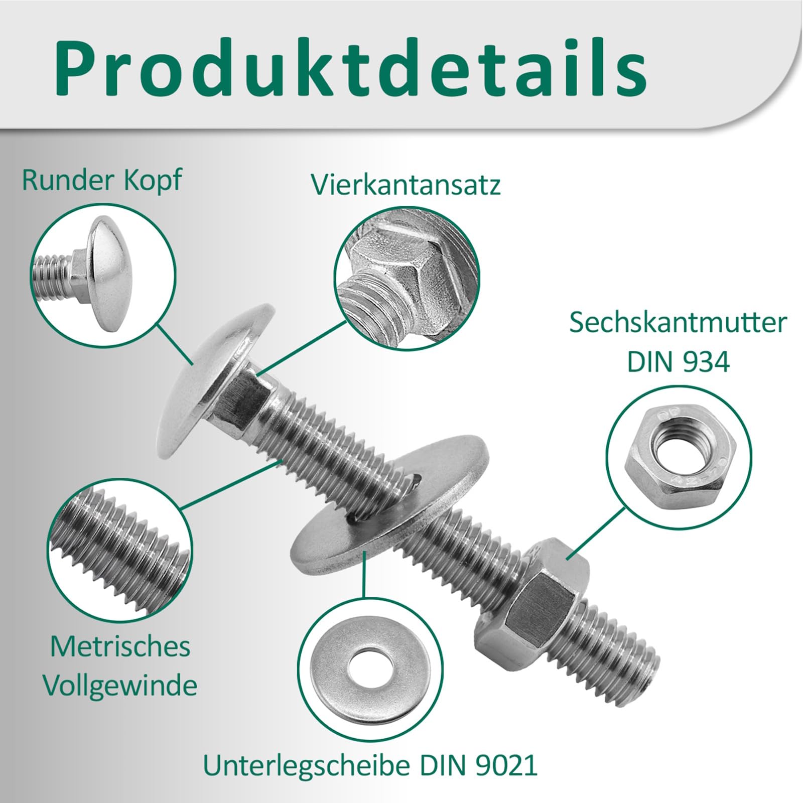 DSM - Viti a testa tonda M10 x 50 mm secondo DIN 603, con dado esagonale M10 DIN 934 e rondella DIN 9021, in acciaio inox A2/V2A, viti a testa tonda con attacco quadrato, 5 pezzi