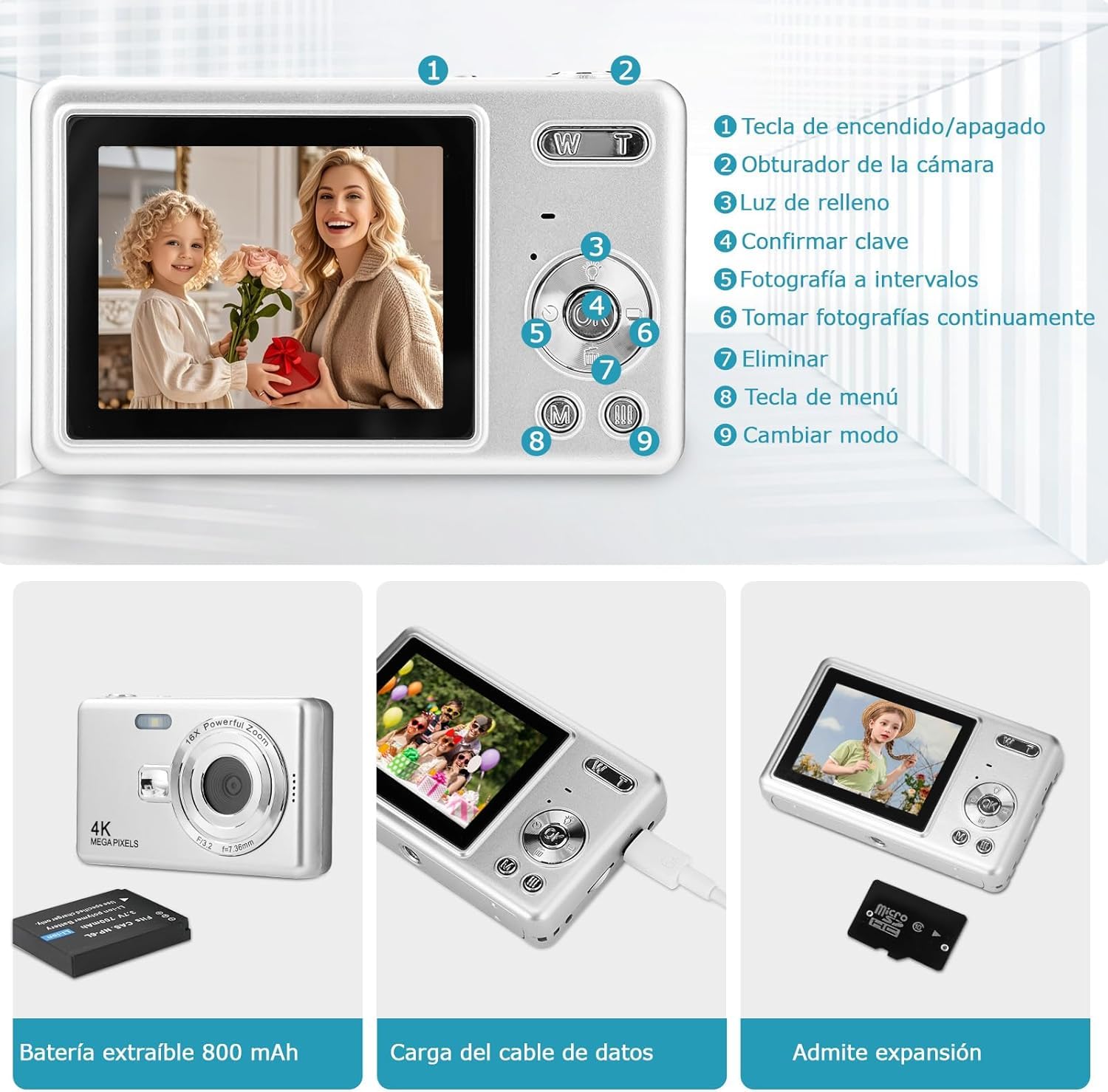 Cámara digital – 1080P FHD 44MP con pantalla LCD de 2.4 pulgadas, cámara de fotos compacta portátil con tarjeta SD de 32 GB, zoom digital de 16X para niños, adolescentes, estudiantes, principiantes
