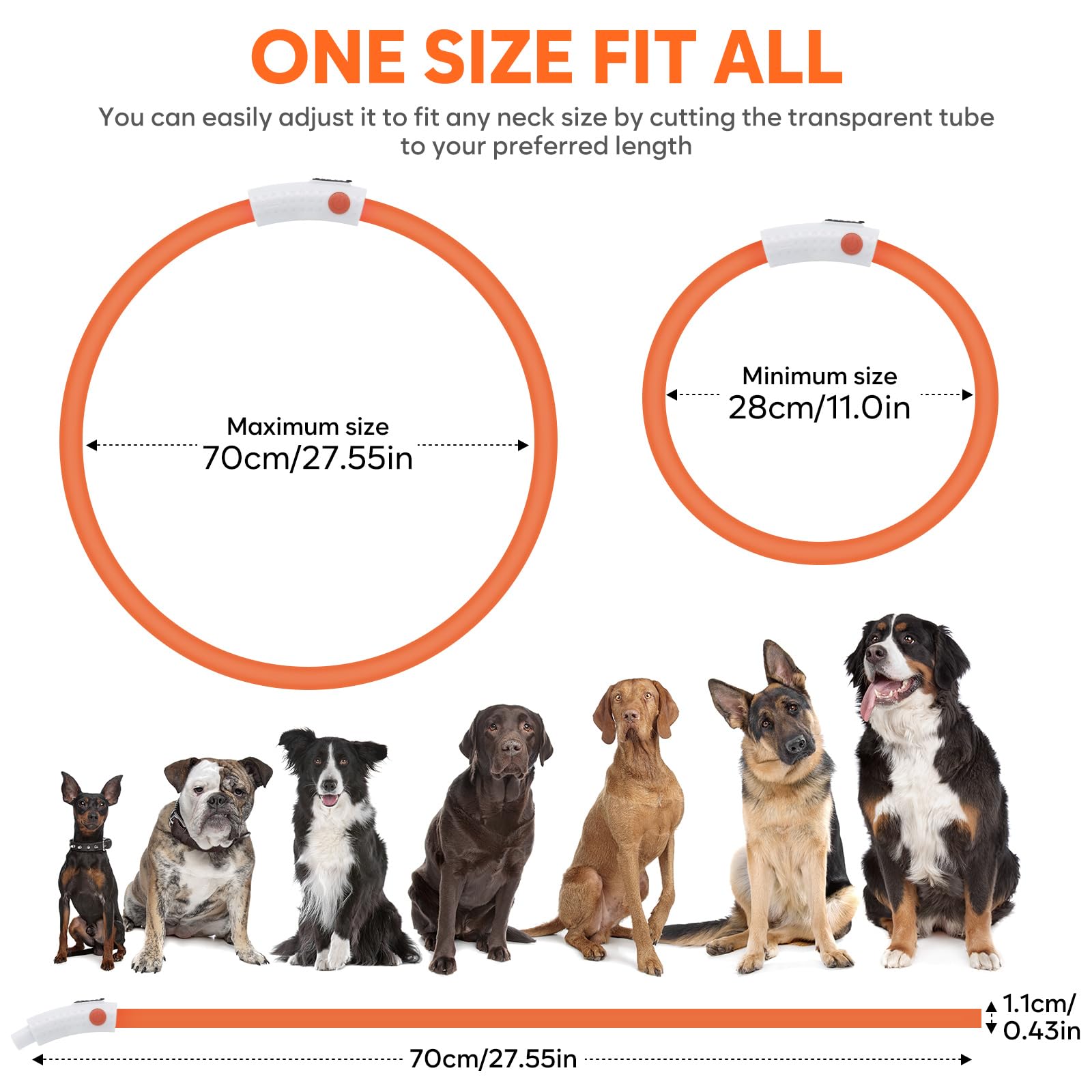 HIGO Collar LED para perro, collares de perro con luz recargable, collar de seguridad de silicona ligera para mascotas para caminar por la noche (naranja-silicona)