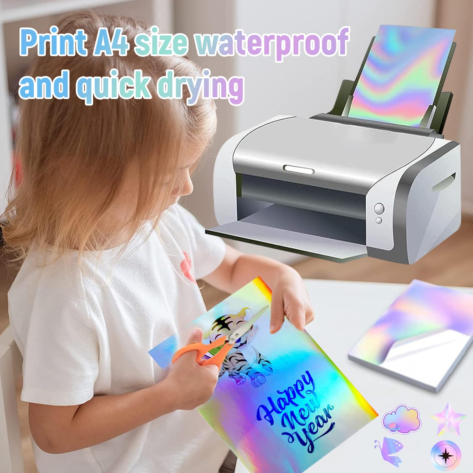 20 Hojas de Papel Adhesivo Holográfico A4 Imprimible Vinilo Secado Rápido Impermeable Vinilo Arco Iris Papel para Impresora de Inyección de Tinta y Láser, 210 x 297 mm