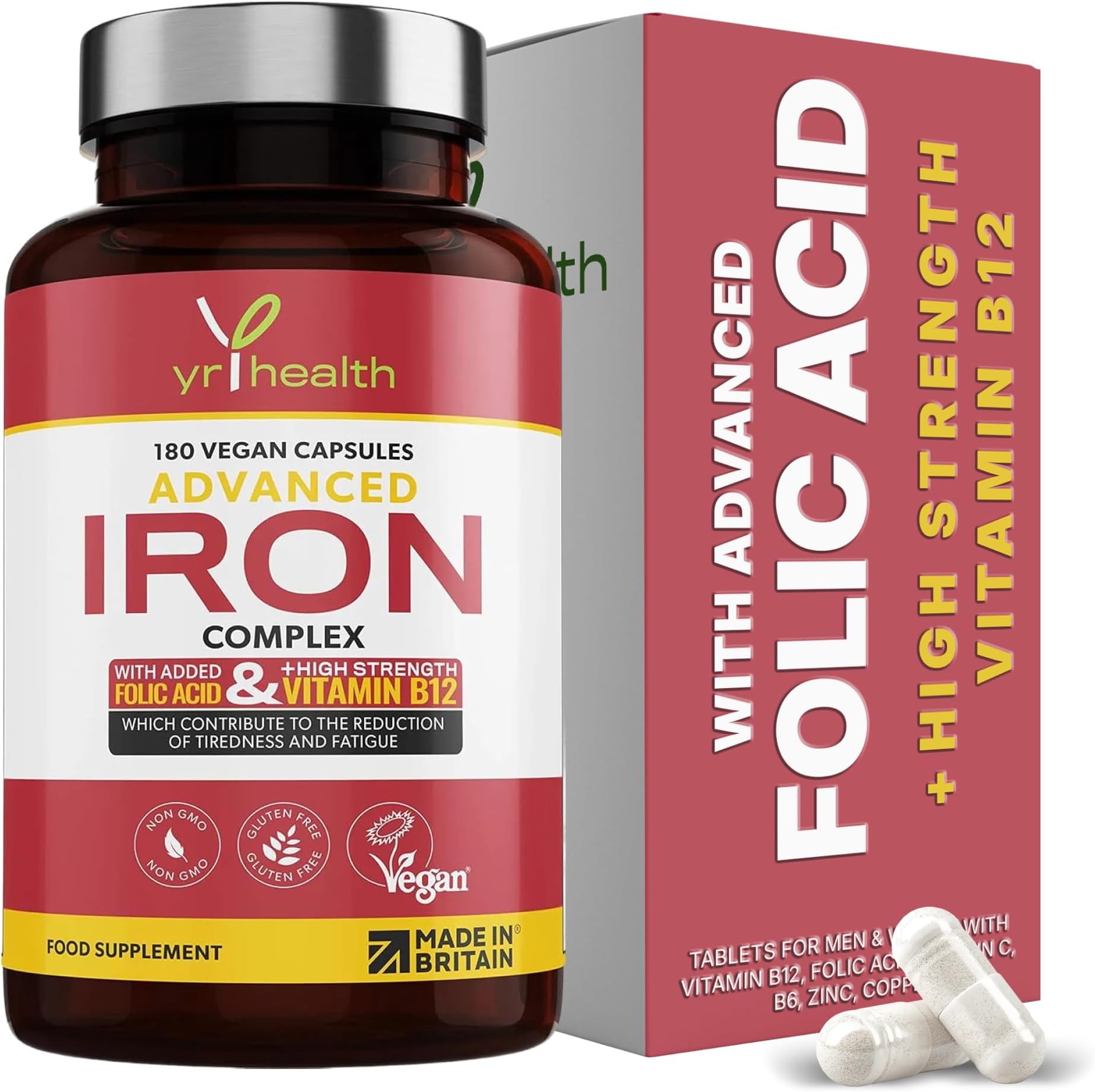Iron Supplement, 20mg Maximum Strength Anti Fatigue Complex - 180 Vegan Capsules not Iron Tablets for Men & Women with Vitamin B12, Folic Acid, Vitamin C, B6, Zinc, Copper - Made in The UK by YrHealth