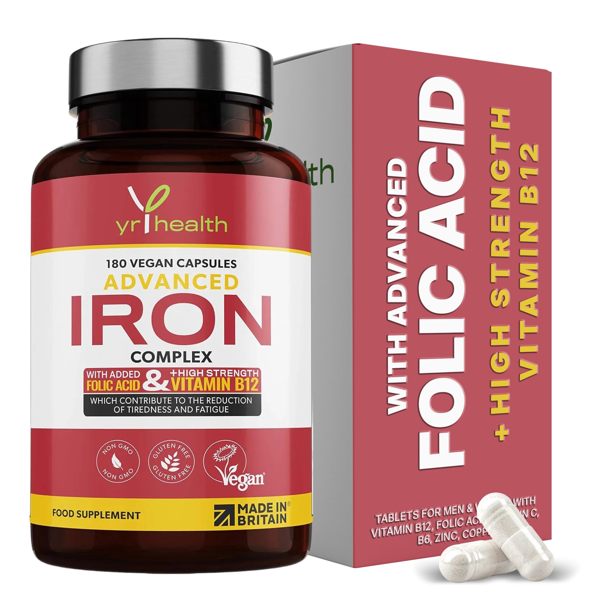 Iron Supplement, 20mg Maximum Strength Anti Fatigue Complex - 180 Vegan Capsules not Iron Tablets for Men & Women with Vitamin B12, Folic Acid, Vitamin C, B6, Zinc, Copper - Made in The UK by YrHealth