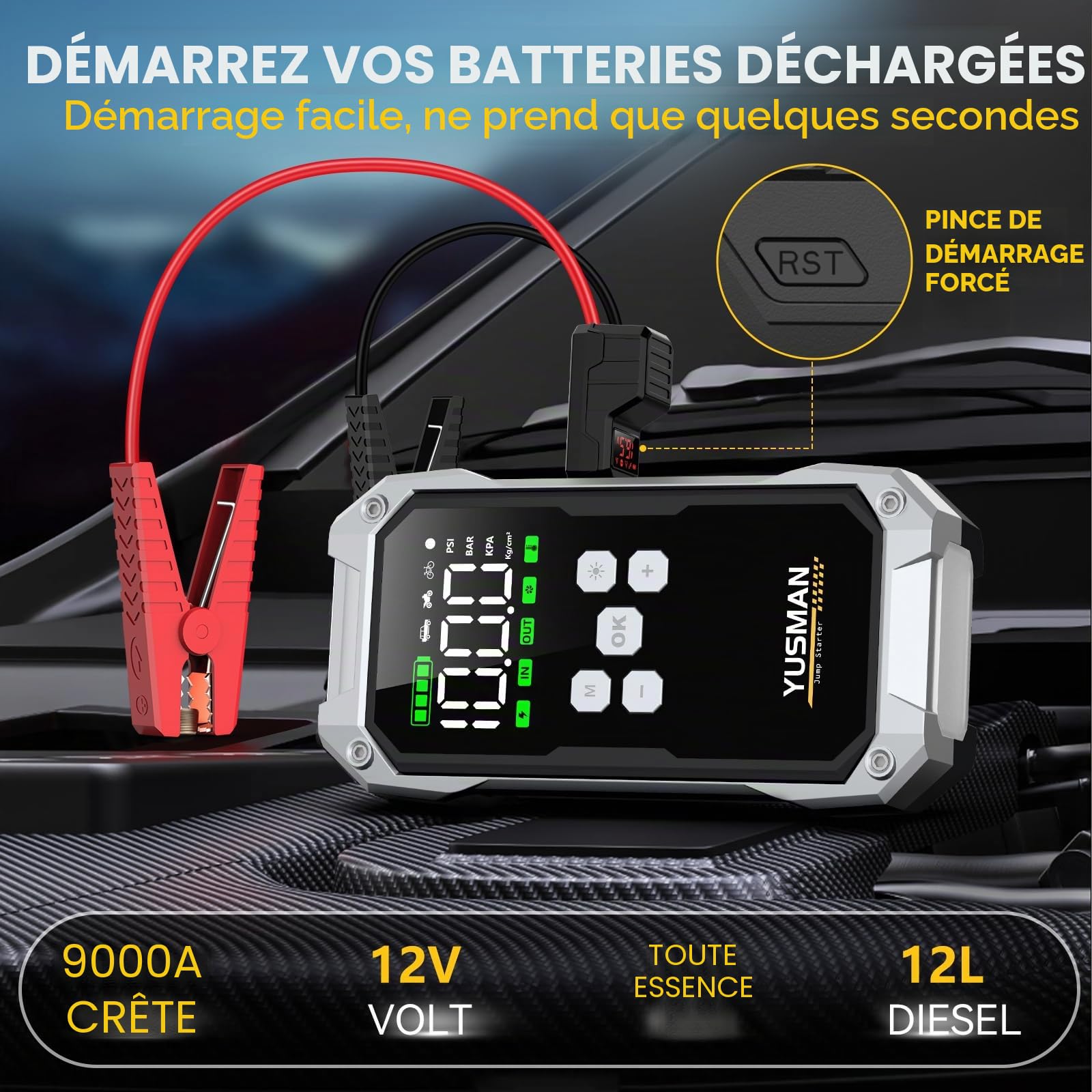 Booster Batterie Voiture 9000A, 160PSI Gonfleur Pneus Voiture, 12V Car Battery Jump Starter(Tous Gaz/Essence & 10L Diesel), Pinces Sécurité Intelligentes, LED