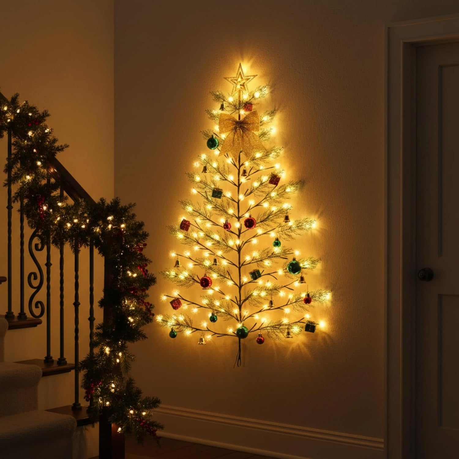 Leyndo 70 Pcs 5ft 144 LED Wall Christmas Tree with Lights 8 Mode Remote Control with Xmas Decorative Ball Bow Star Bell Pine Picks for Living Room Office Wall Half Tree Hanging Ornaments(Red Green)