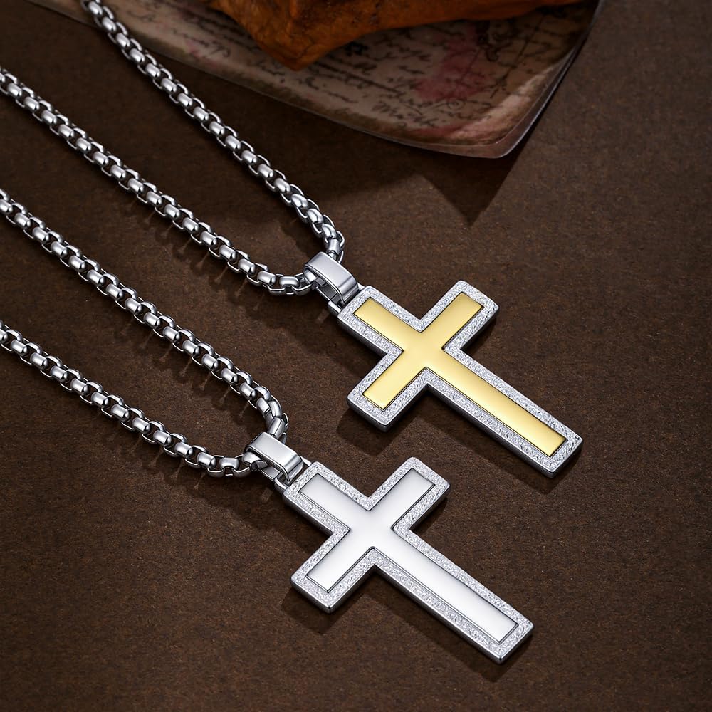 Cross Necklace for Men Gold Silver Stainless Steel Cross Pendant Necklace Chains for Mens Christians Gifts Charms Jewelry Box Chain Length 22-26 Inch - Image 5