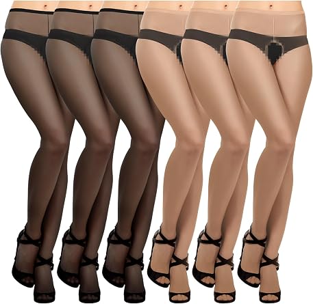 Geyoga 6 Pair Sheer Crotchless Pantyhose Women | Open Crotch High Waist, Silk Pantyhose, Sexy Sheer Tight Crotchless Stockings for Women, Black, Coffee, Nude, Gray, One Size