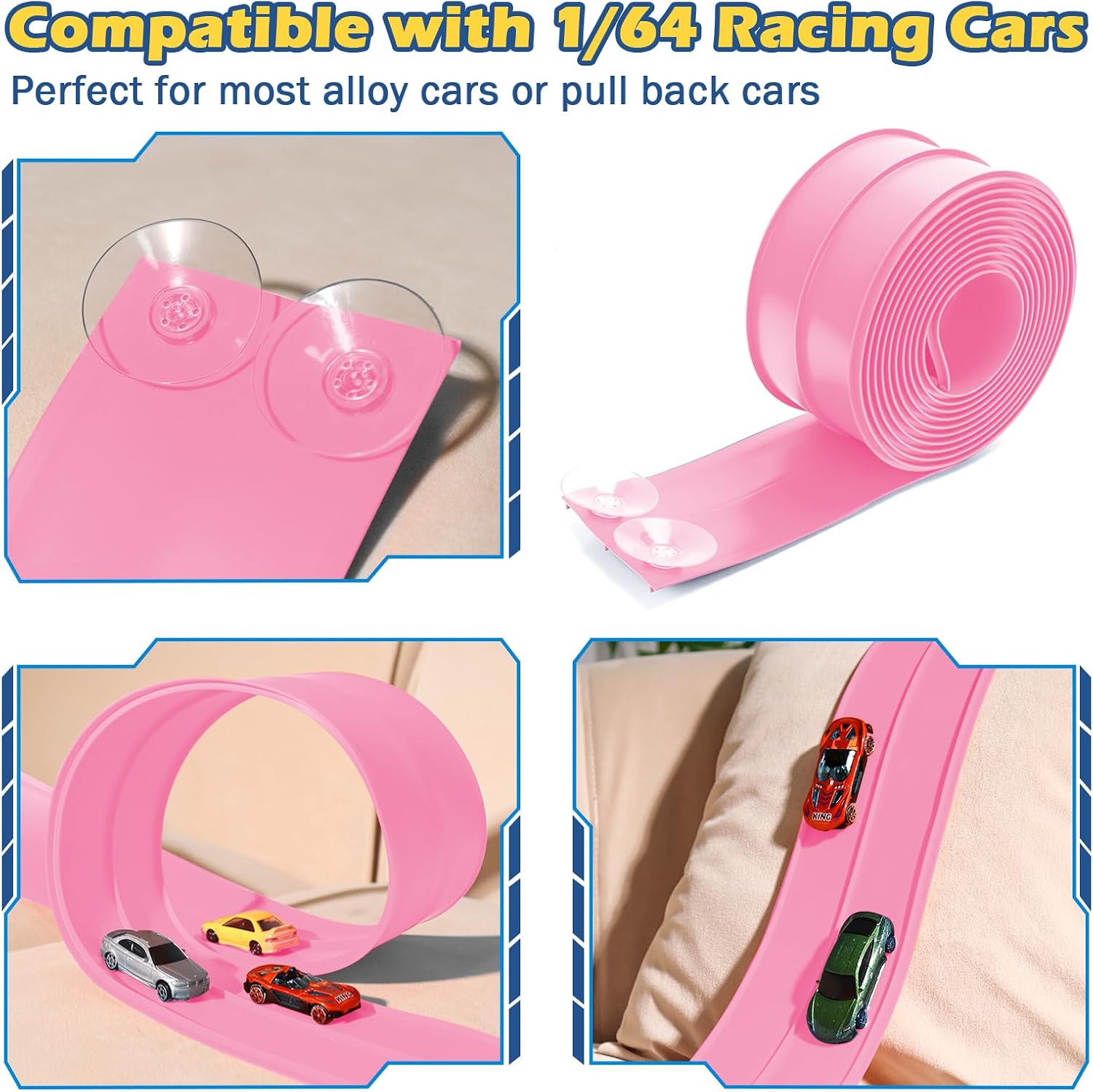 Flexible Race Track for Kids 3+, Flexible Car Track 15Ft Race Track Compatible with Diecast 1/64th Cars, Roll Up Car Ramp Toy with Strong Suction Cups