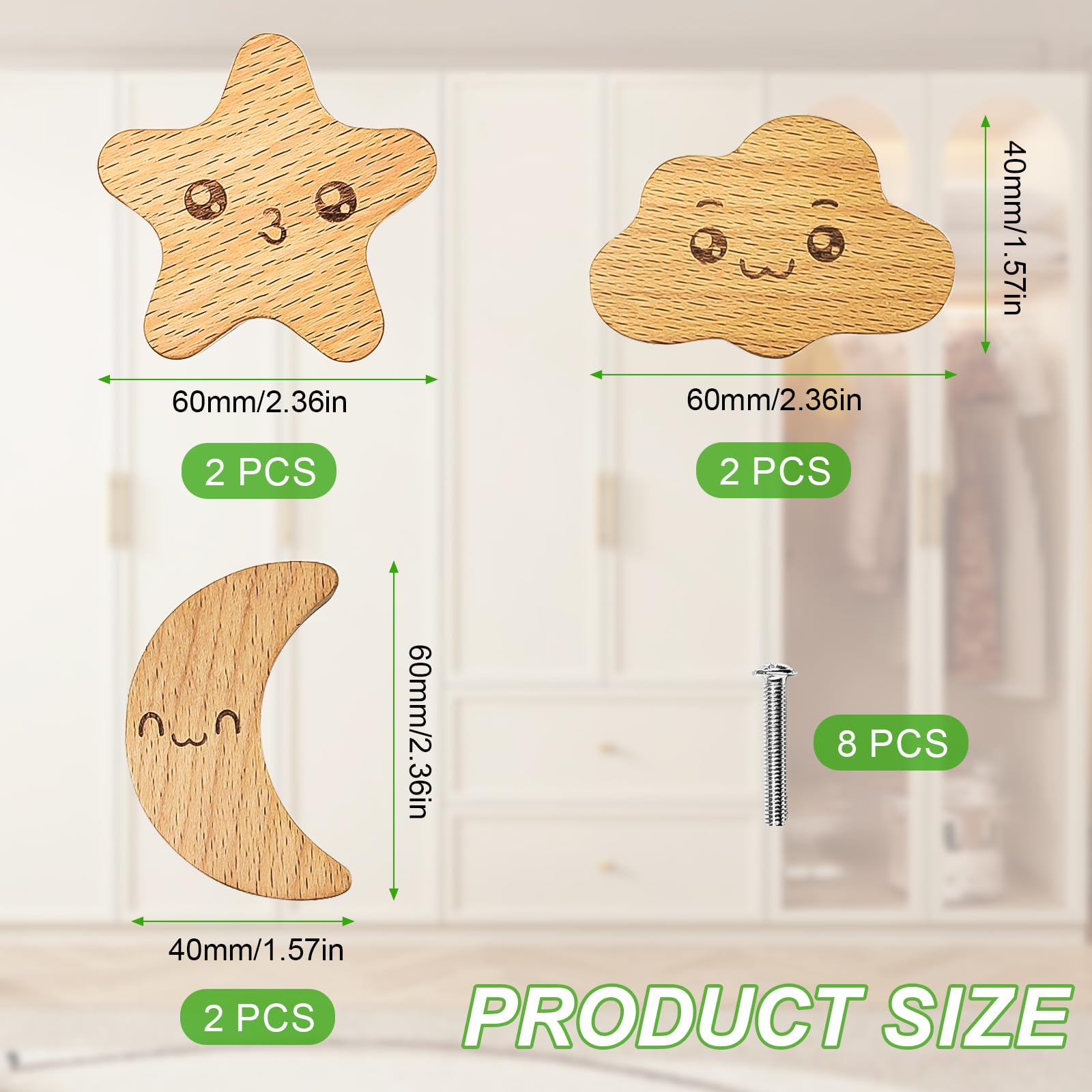 6 Pezzi Pomelli per Mobili Bambini, Pomelli per Cassetti, Pomelli Bambini Pomelli Legno per Cameretta dei Bambini con Nuvole di Luna Stella per Armadi, Pareti, Cassetti, ecc