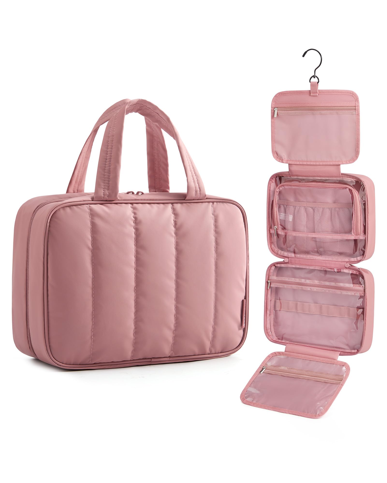 Photo 1 of BAGSMART Travel Toiletry Bag for women, Portable Hanging Hook Makeup Bag Organizer, Waterproof Makeup Cosmetic Bag, for Full-Size Accessories, Toiletries, Dusty Rose