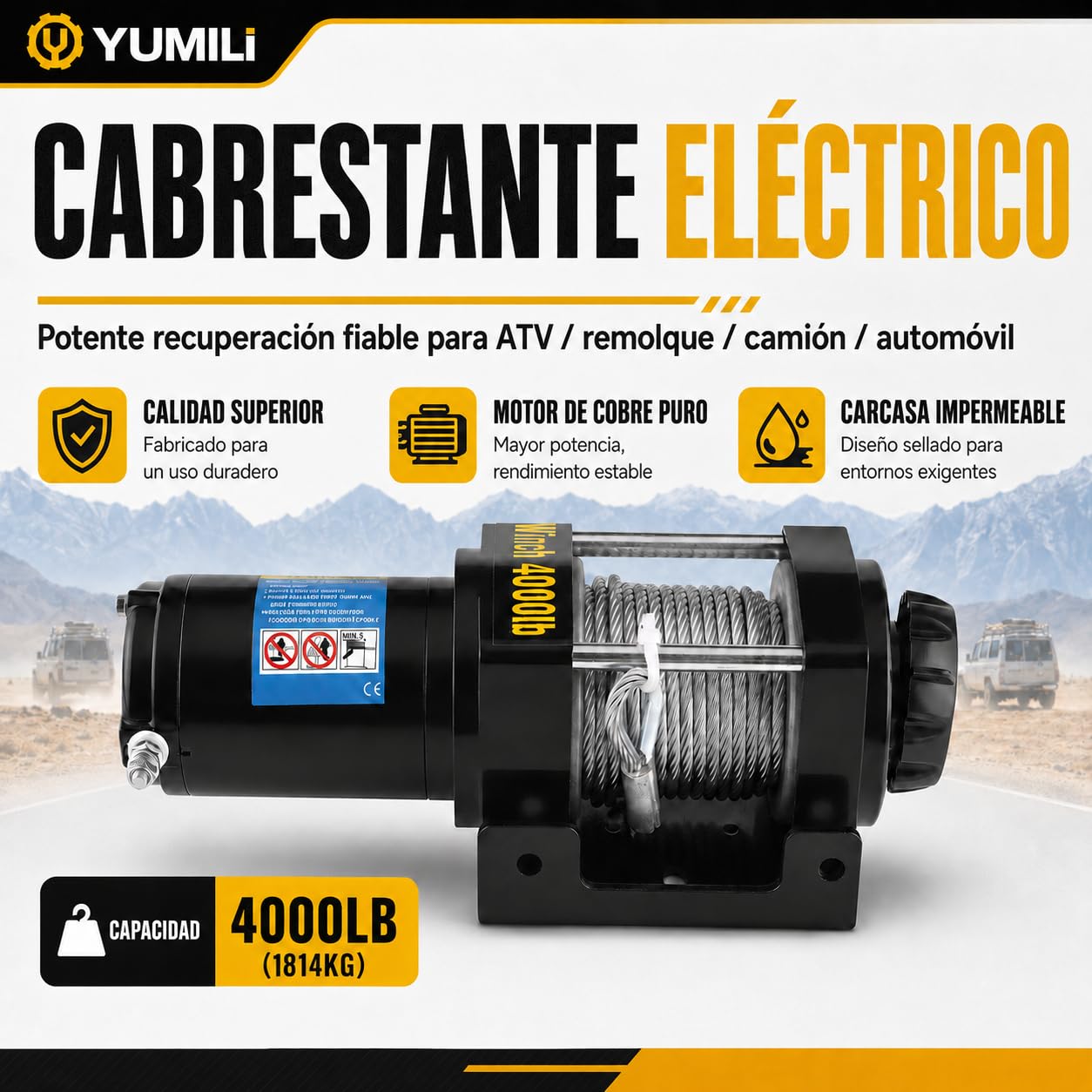 Cabrestante Eléctrico 12 V, 4000 LBS/1818 Kg Cabrestante Quad, Winchi Electrico Cable de Acero 4.8mm*15 m con Control Remoto Inalámbrico, IP67 para Remolque Todoterreno de Vehículos ATV UTV SUV