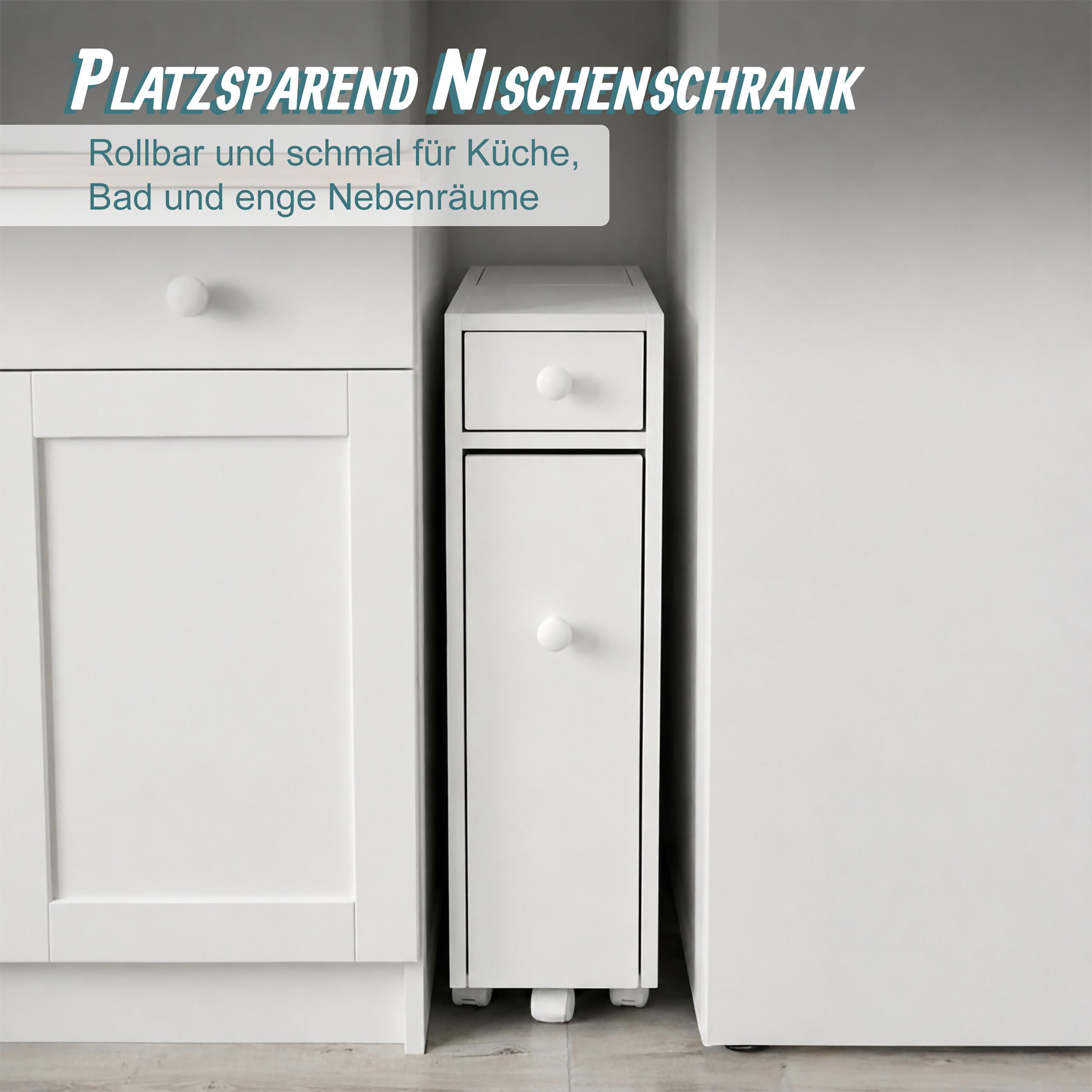Relaxdays Nischenschrank, 4 Fächer, Schiebtüren & Klapptür, HxBxT: 62 x 16 x 48 cm, Badezimmer, MDF, Rollwagen, weiß