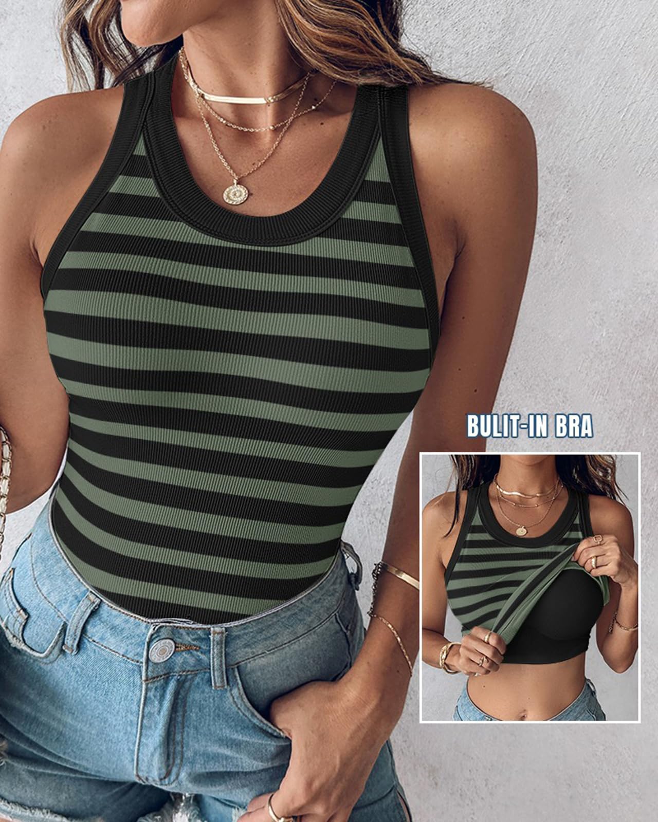 Camisetas sin Mangas acanaladas para Mujer con Sujetador Incorporado, Estilo Nadador, Ajustadas, básicas para Entrenar, Ajustadas, Informales.