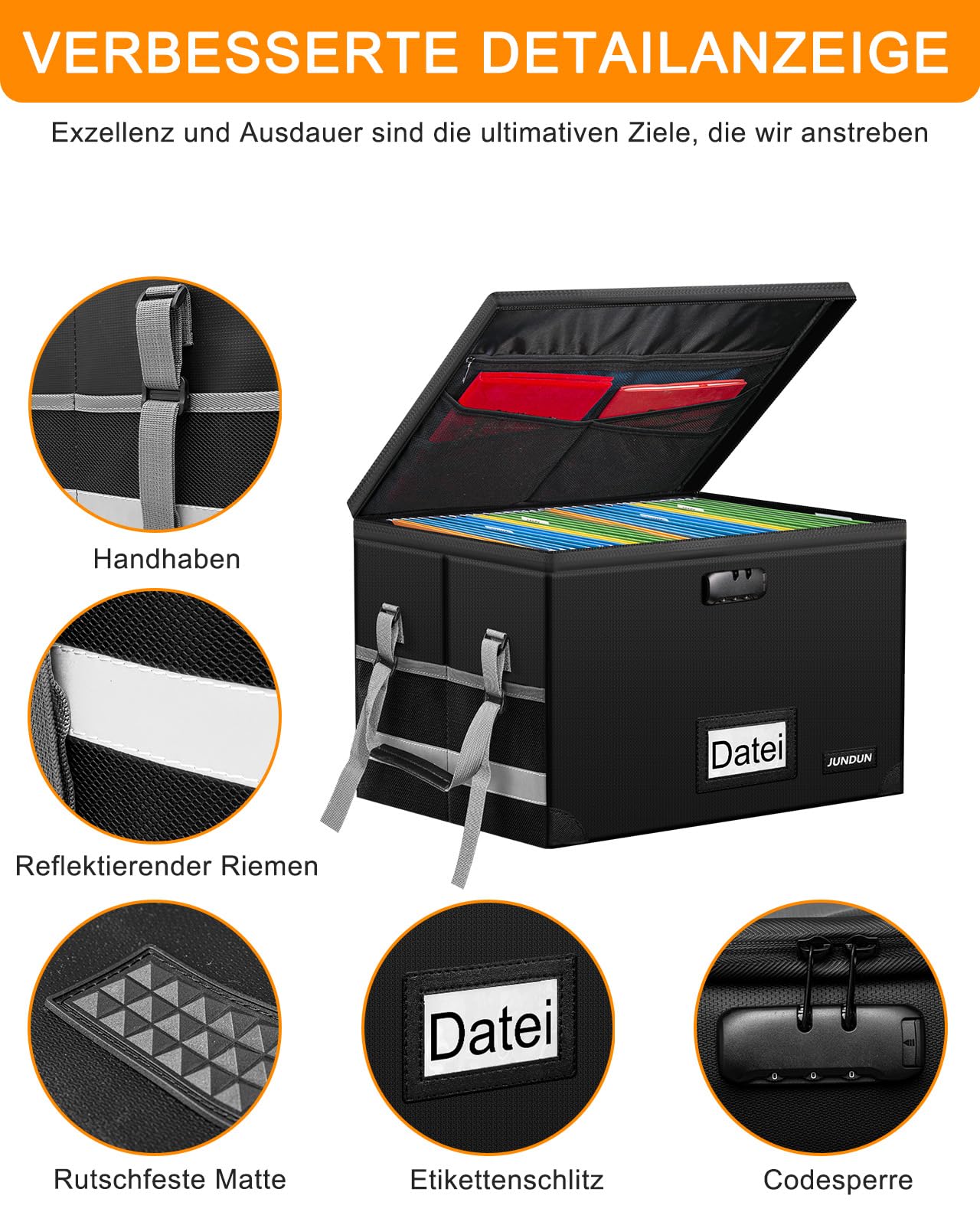 JUNDUN Akten Organizer Box mit Schloss, Zusammenklappbare Feuerfeste Dokumentenbox mit Wasserabweisendem Reißverschluss und Deckel, Tragbare Dekorative Hängeregistraturbox für Zuhause/Büro