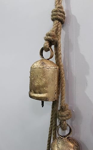 Miniatura 4 de Mango Gifts Shabby Chic Campanas de vaca colgantes de metal rústico con cuerda de 25.6 in de longitud (oro antiguo)