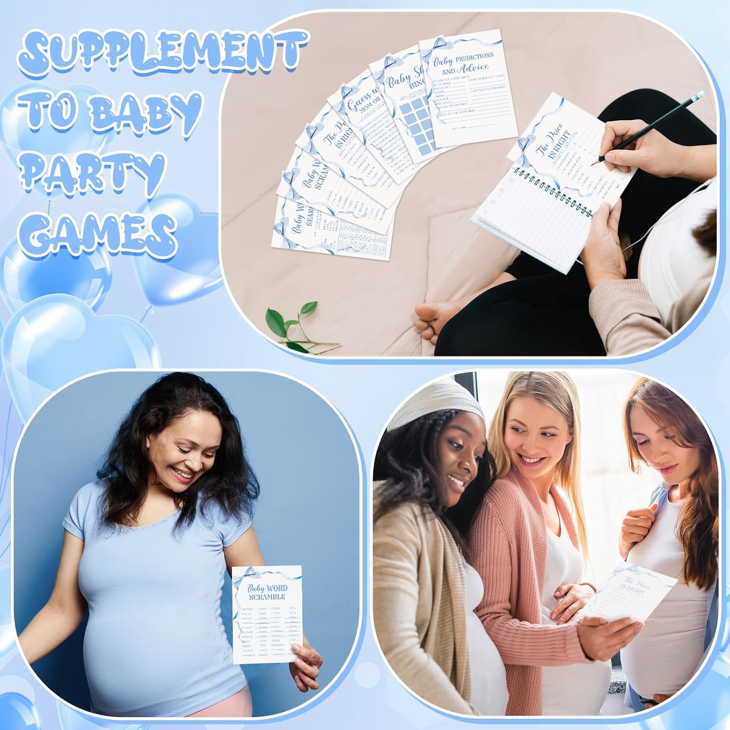 Ctosree 302 Pcs Blue Bow Price is Right Baby Shower Games Watercolor Ribbon Baby Shower Signs, 6 Games, 50 Sheets Each, Minimalist Girl Boy Predictions and Advice Bingo Word Scramble
