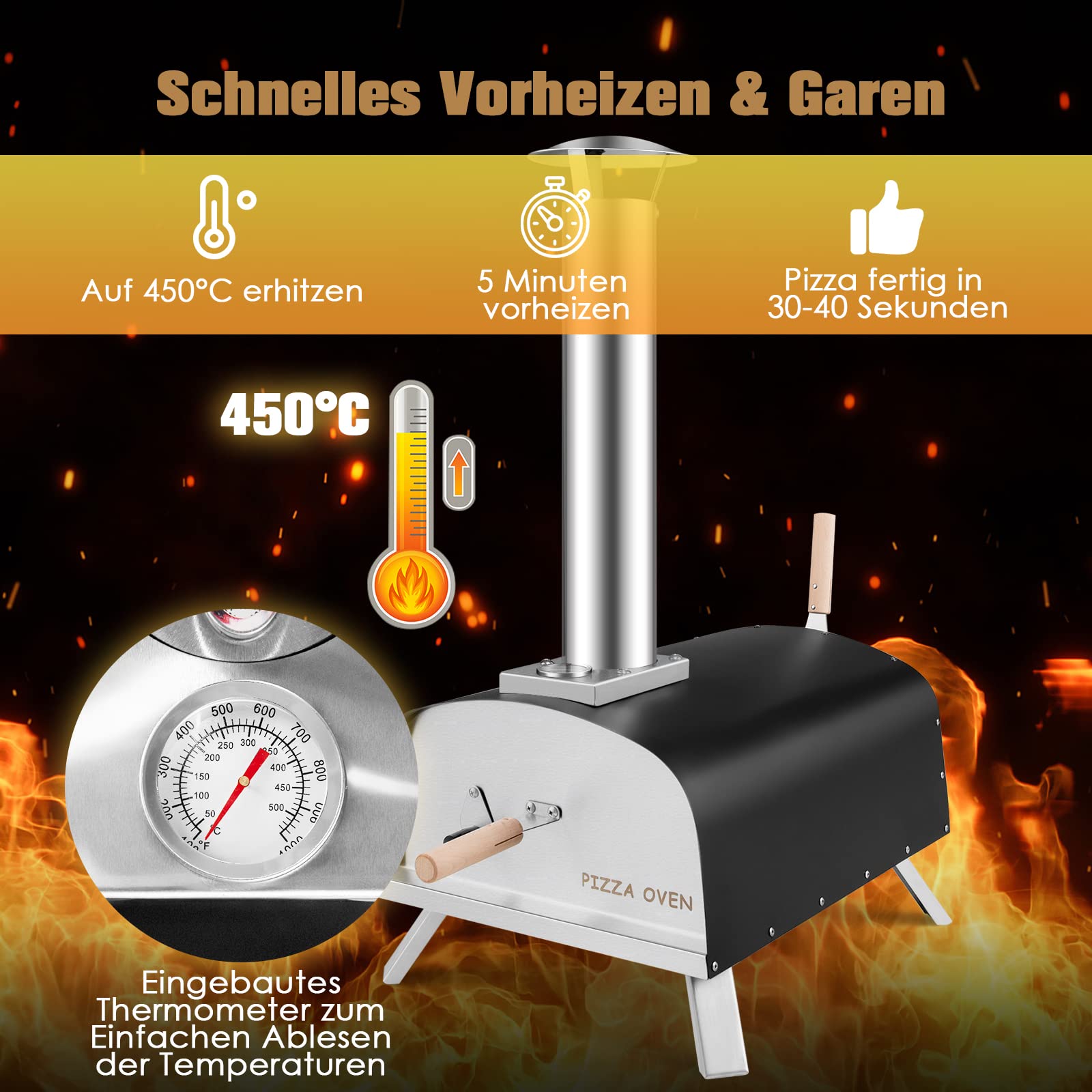 COSTWAY Pizzaofen Outdoor, tragbarer Pizza Holzofen inkl. Pizzaschieber und Pizzastein, Gas & Holz Pizza Ofen für Garten Camping
