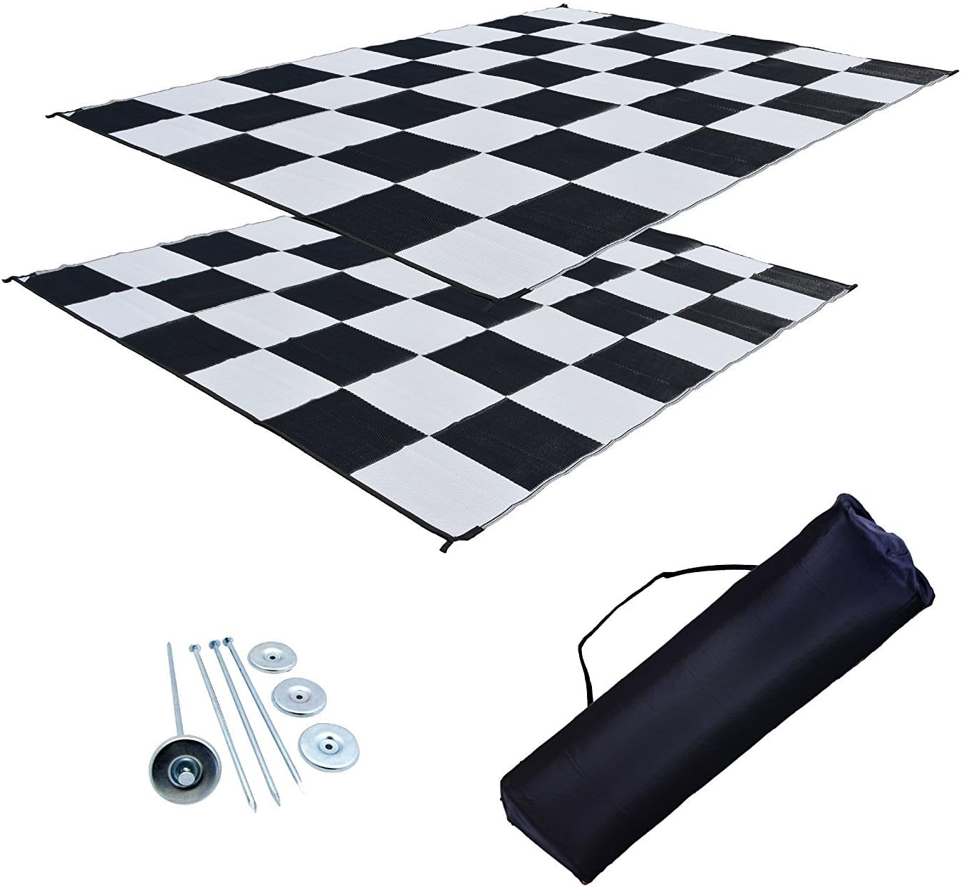 by EZ Travel Mats Reversible RV Outdoor Rug for Backyards, Beaches, Camping Grounds, Patios, and More, Storage Bag and Mat Stakes Included, Black/White/Checker (9x18)