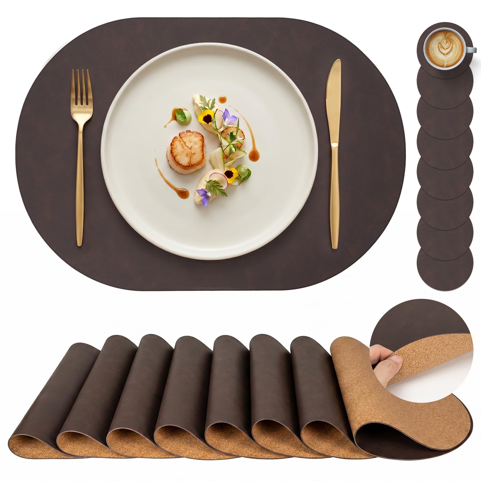 PROMATTOO Premium Oval Faux Leather Placemats with Coasters, Set of 4/6 Dining Table Mats, Cork-Effect Non-Slip Backing, Heat-Resistant Wipe-Clean Place Mats for Dinner, Coffee and Home Decor