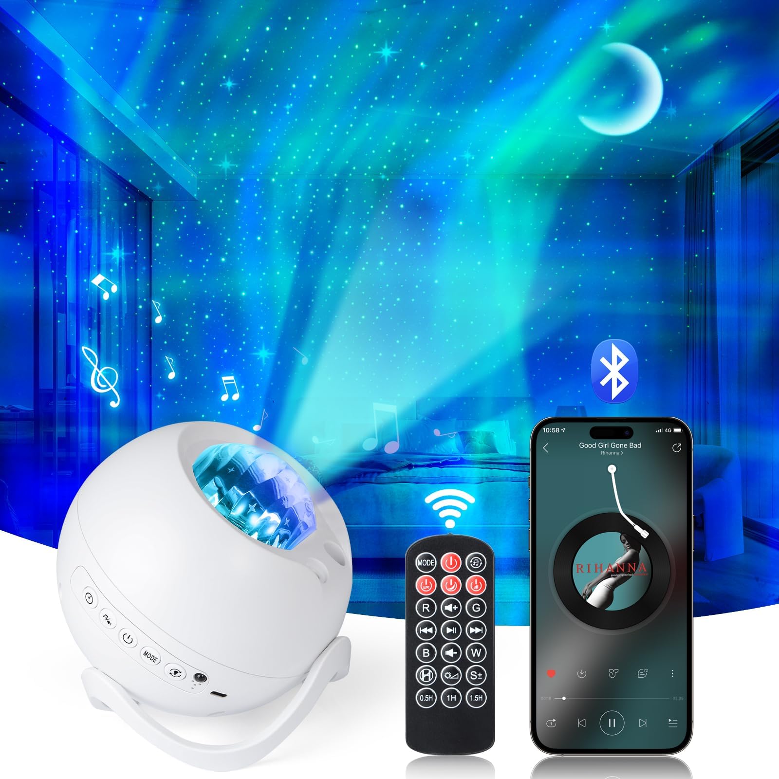 Northern Galaxy Light Projector with Bluetooth & White Noise Sounds, 60+ Lighting Modes & 5 Moon Effects, Star Projector Lights with Remote for Bedroom Decor, Kids Room Ceiling, Gift for Kids & Adults