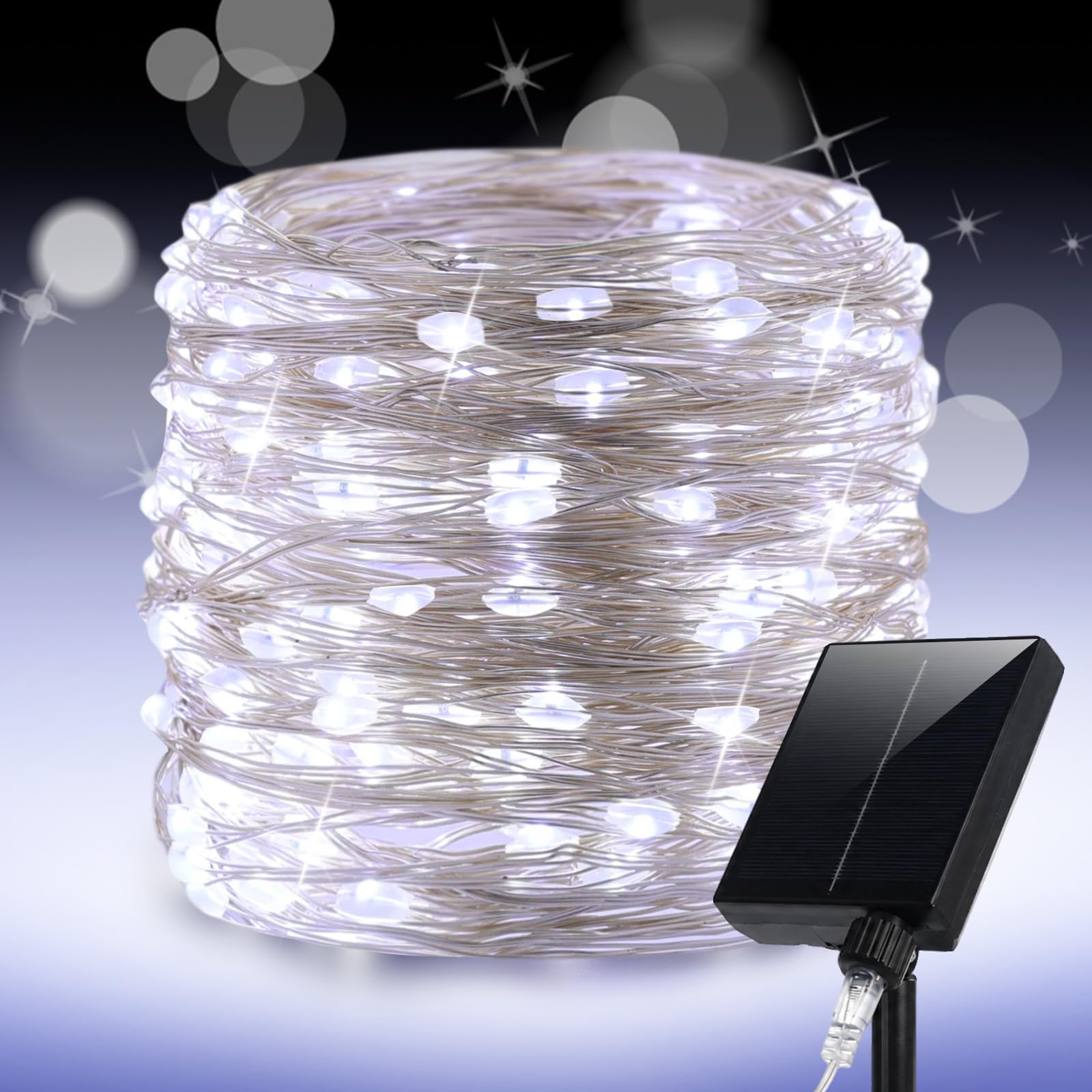 guirlande solaire LED blanche froide de 60m pour extérieur, étanche, avec 600 LED, idéale pour patio, jardin, arbres, mariage, Noël.