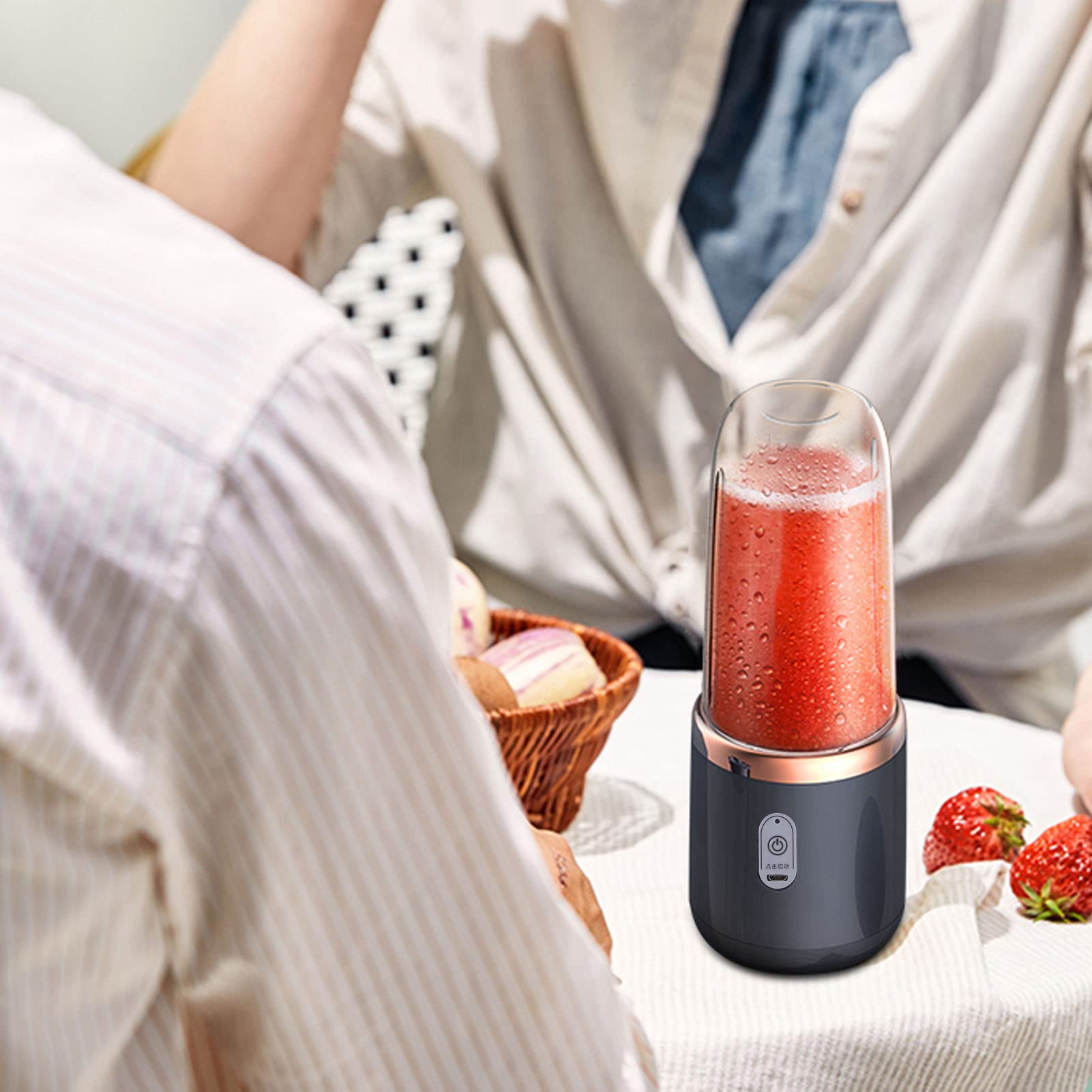 Wakects mini blender elektryczny, 300 ml przenośny sokowirówka sokowirówka butelka 1200 mAh ładowanie USB z pokrywką 6 ostrzy do mielenia (niebieski, 6 ostrzy, pokrywka)