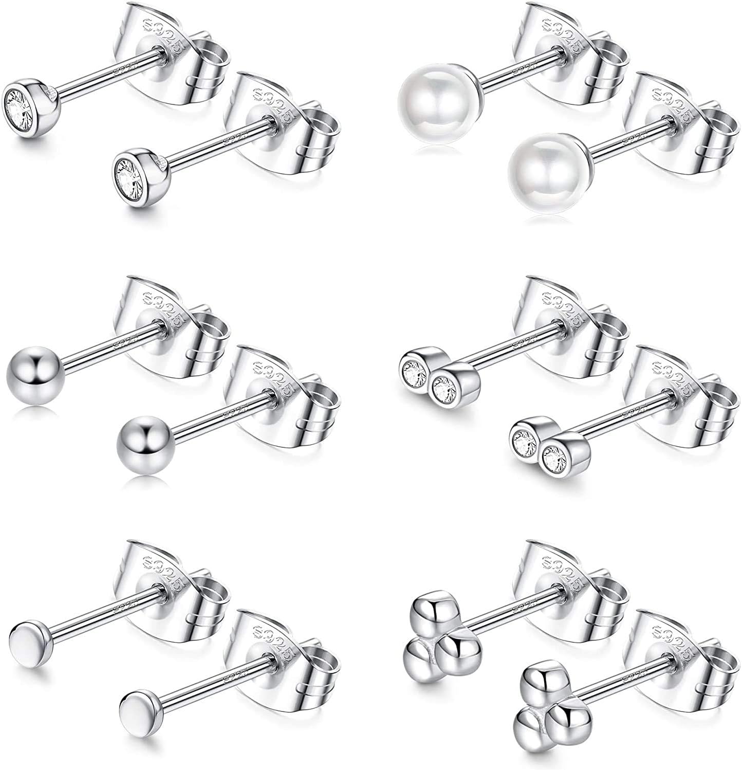 Adramata 6 Pairs 925 Sterling Silver Stud Earrings for Women Egirl Tiny Pearl Ball CZ Stud Earrings Cute Hypoallergenic Cartilage Earrings 2-4mm