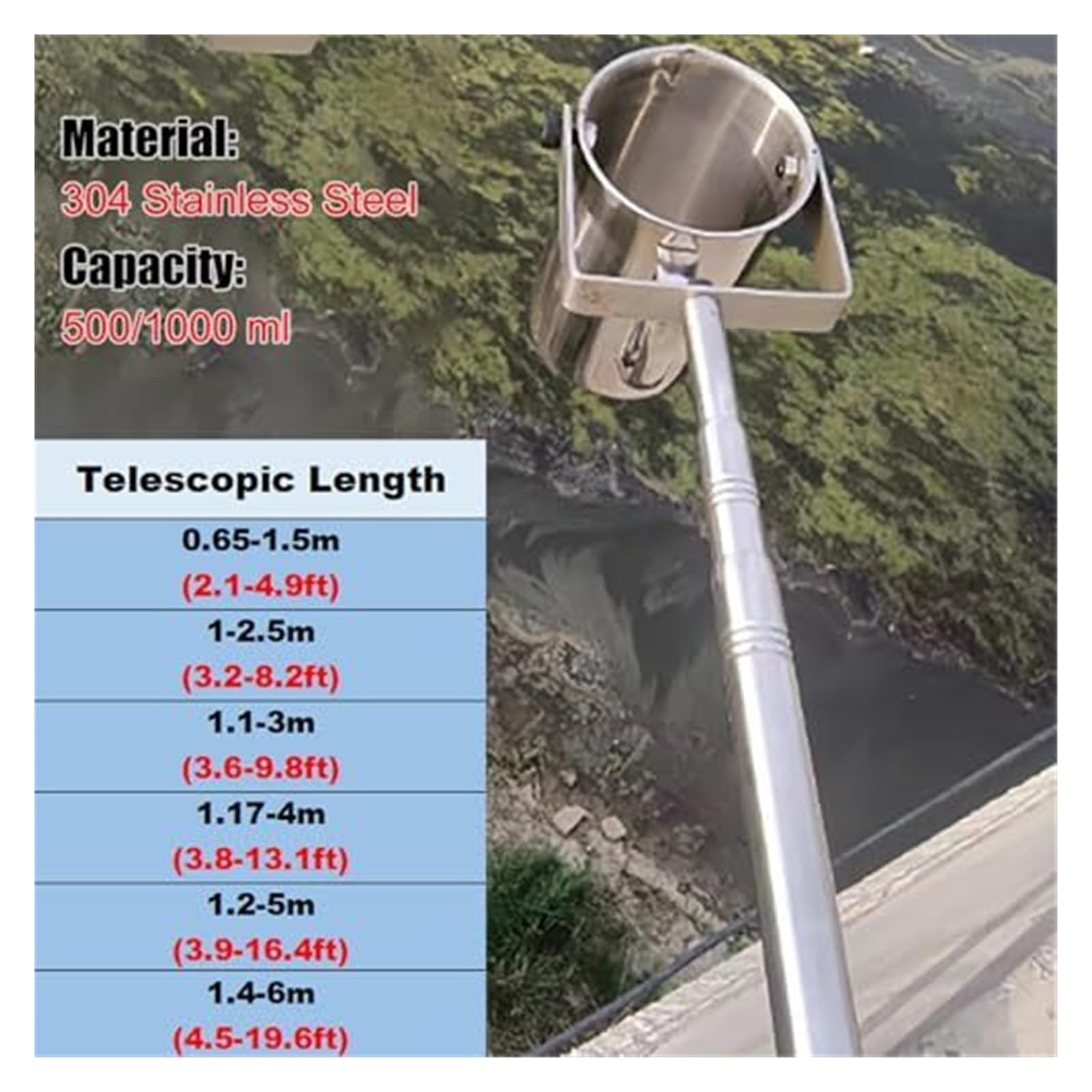 Kit campionatore d'acqua – Asta telescopica in acciaio inox con tazza girevole per laghi, fiumi, piscine – strumento di test lunghezza regolabile, capacità 500 ml o 1000 ml