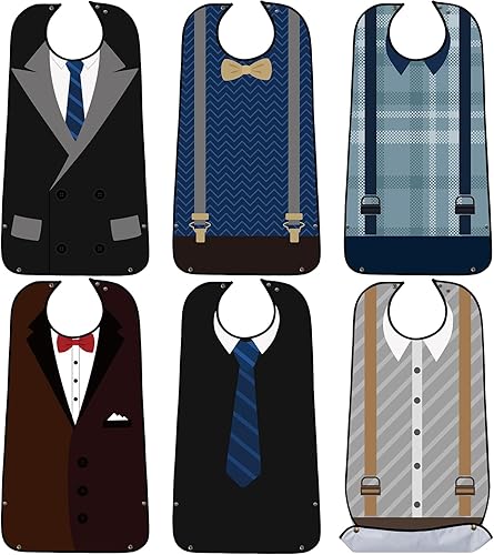 Paquete de 6 baberos para adultos para comer hombres mayores con atrapa migas, protectores de ropa impermeables lavables