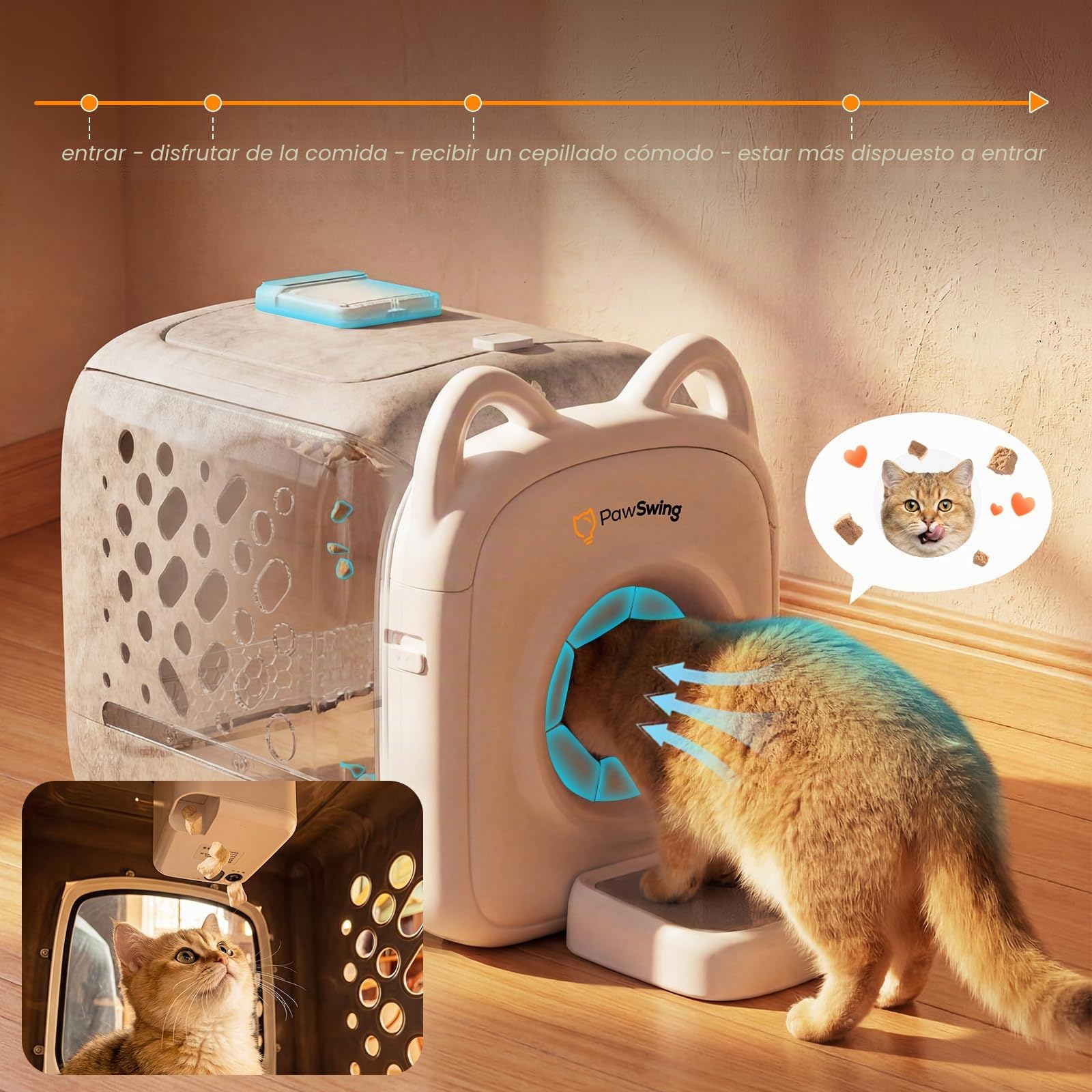 Cat Self Groomer Pro para control de bolas de pelo y alivio de la muda, cepillo de 360° respetuoso con la piel, herramienta quitapelos para mascotas, autolimpieza suave, recogida automática