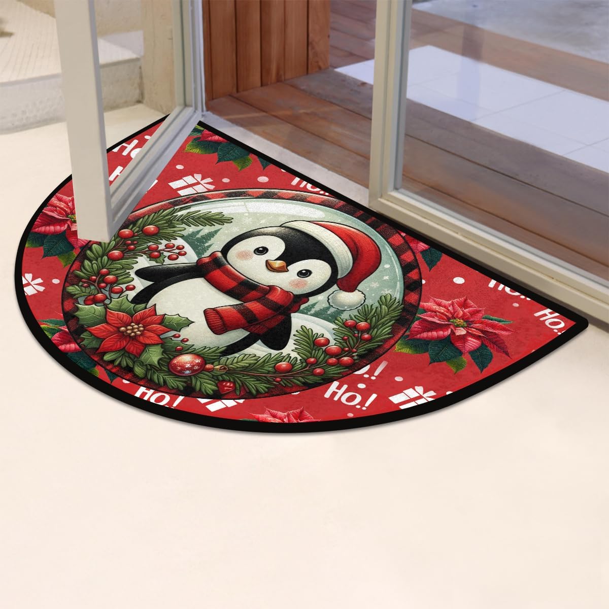 Christmas round qi festival Half Round Door Mat Non Slip Washable Semi Circle Area Rug Absorbent Soft Half Moon Rug Floor Mat for Indoor Outdoor Kitchen Bathroom Patio Front Door Mat Decor,a-17